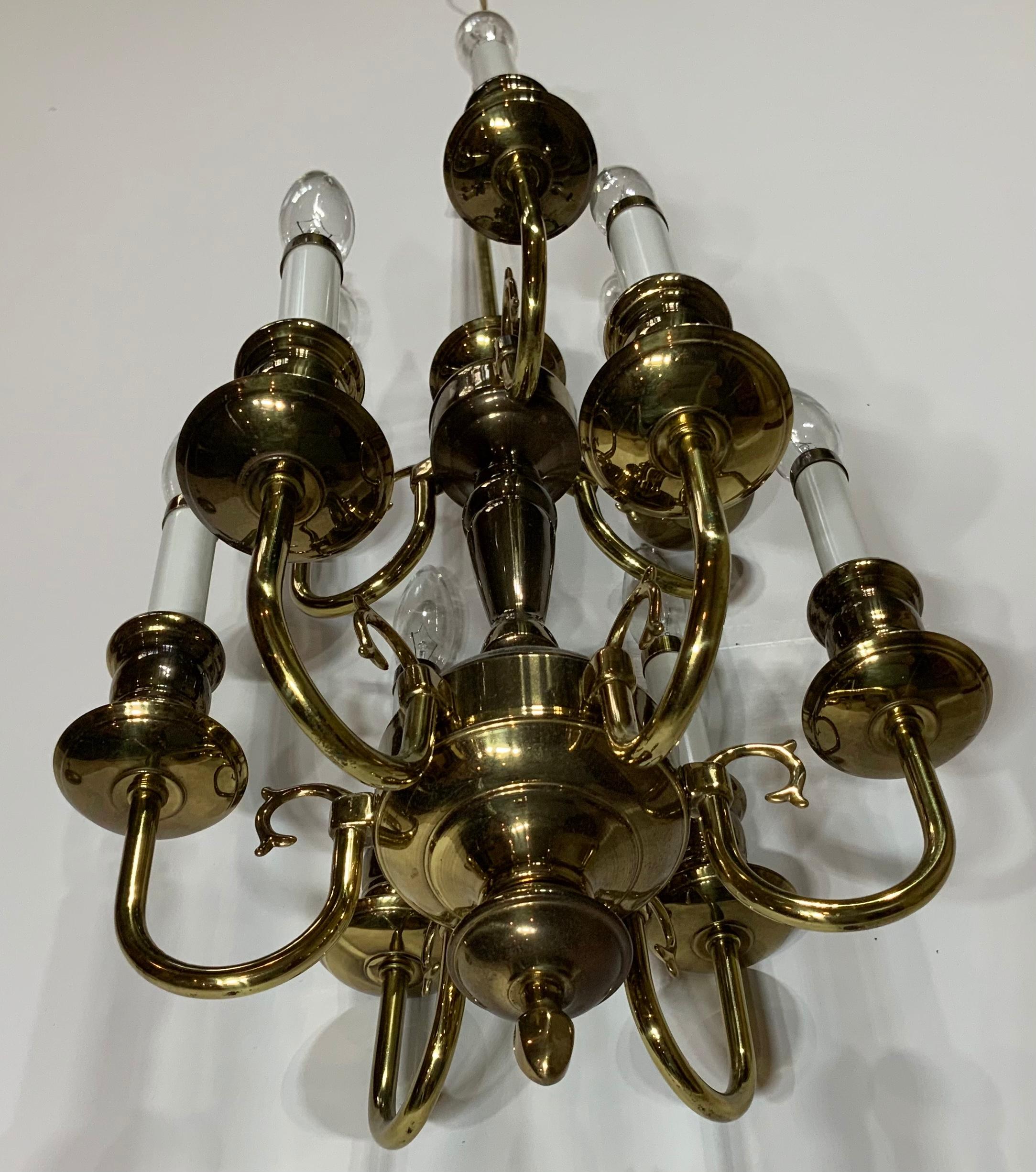 Nine-Light Brass Hanging Chandelier For Sale 10