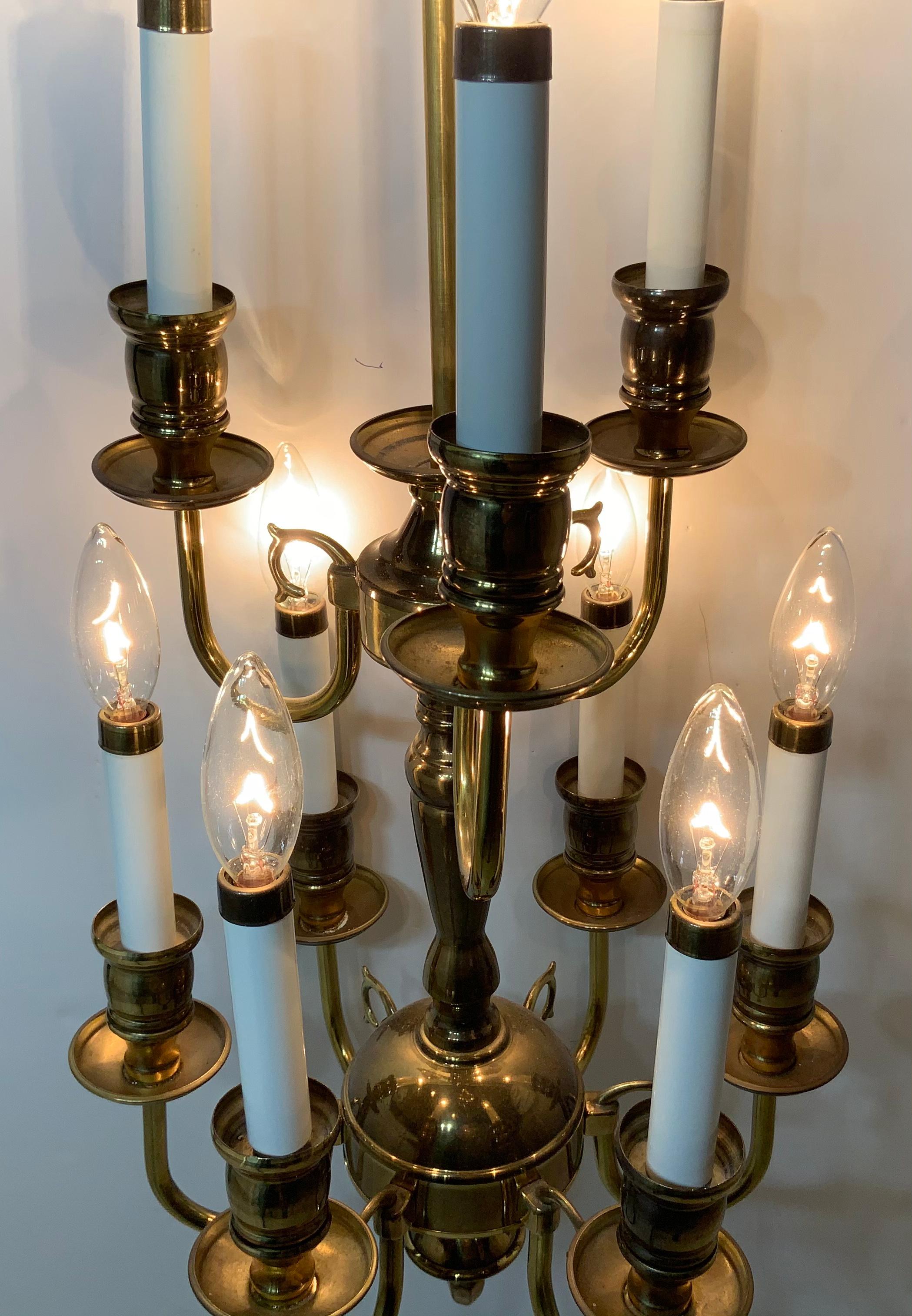Nine-Light Brass Hanging Chandelier In Good Condition For Sale In Delray Beach, FL