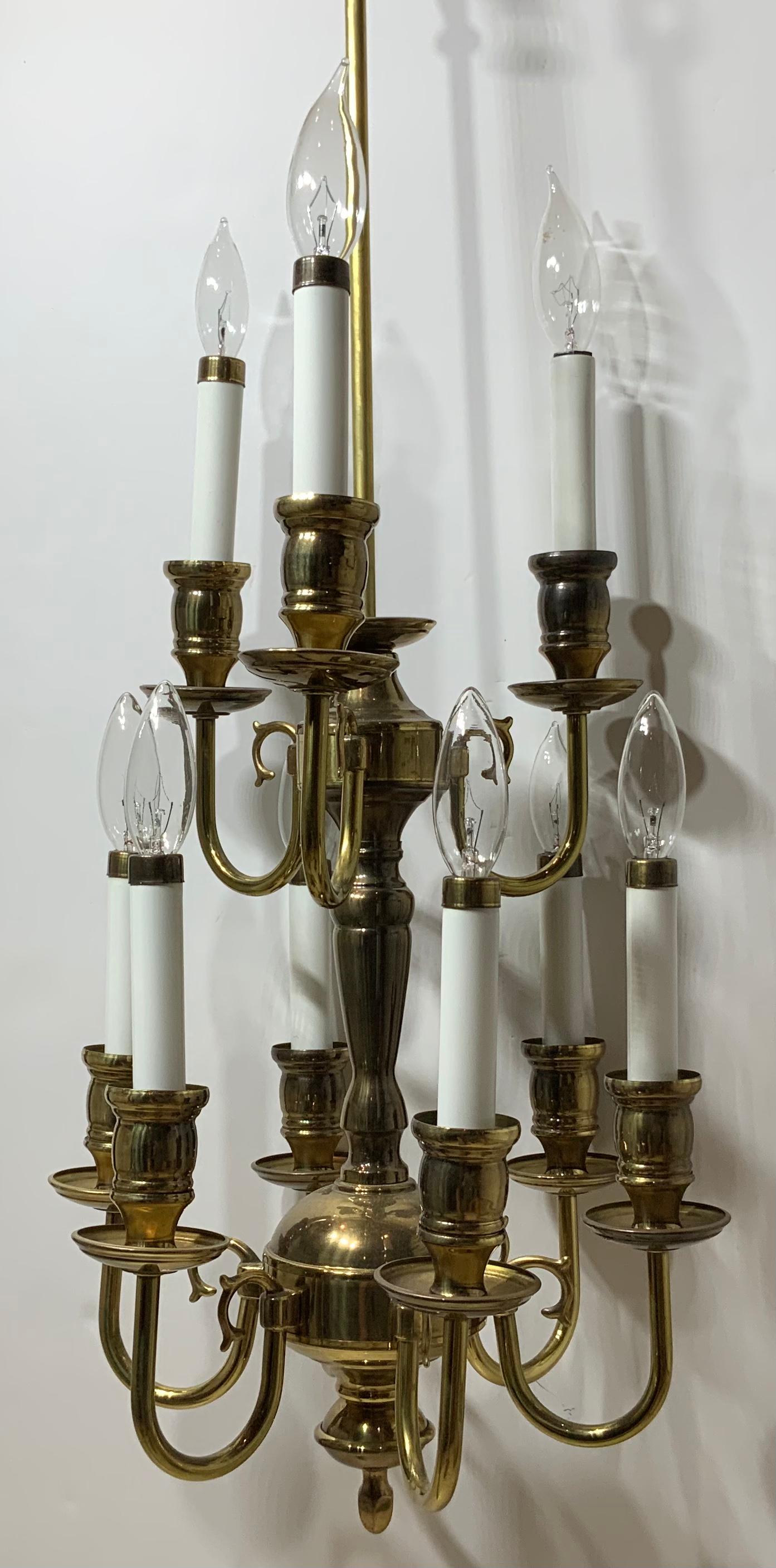 Nine-Light Brass Hanging Chandelier For Sale 3
