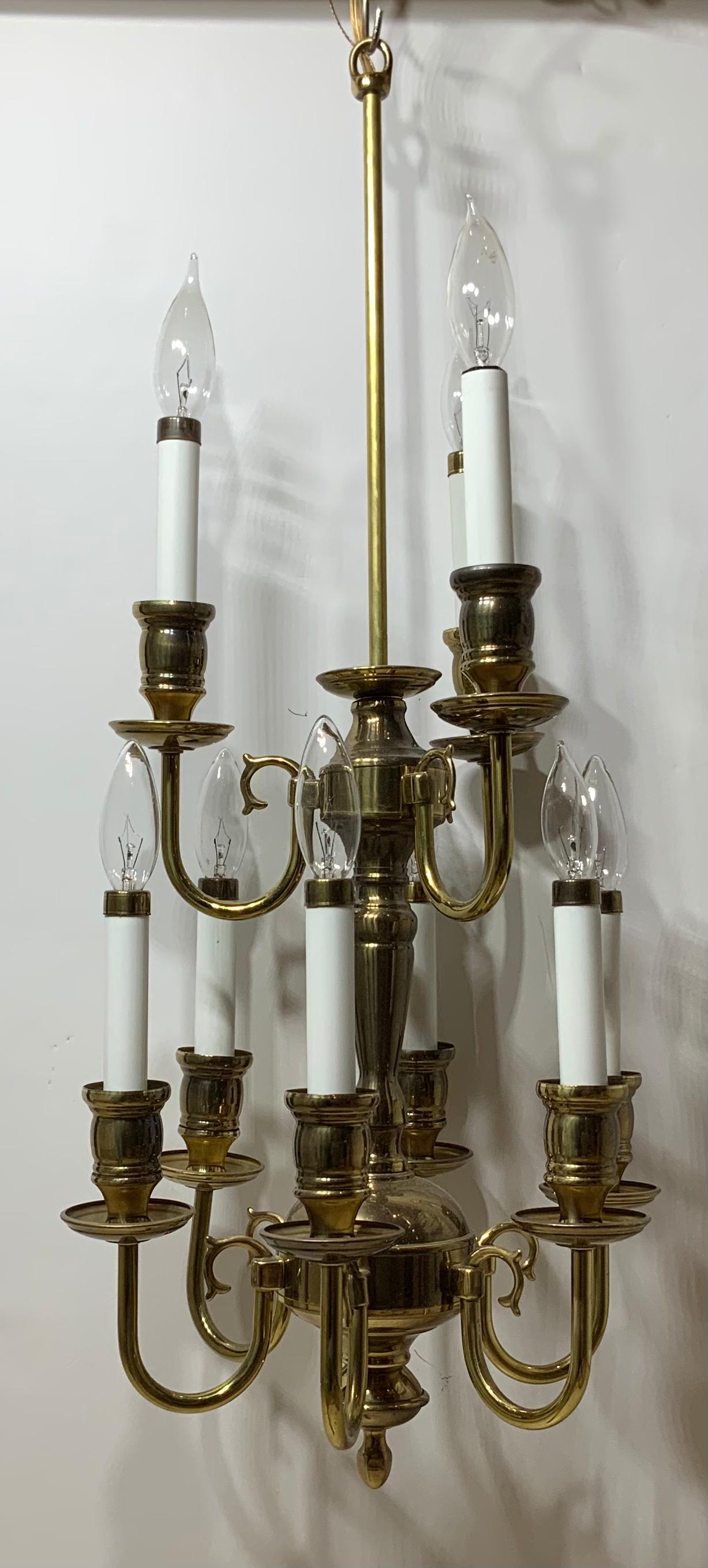 Nine-Light Brass Hanging Chandelier For Sale 4