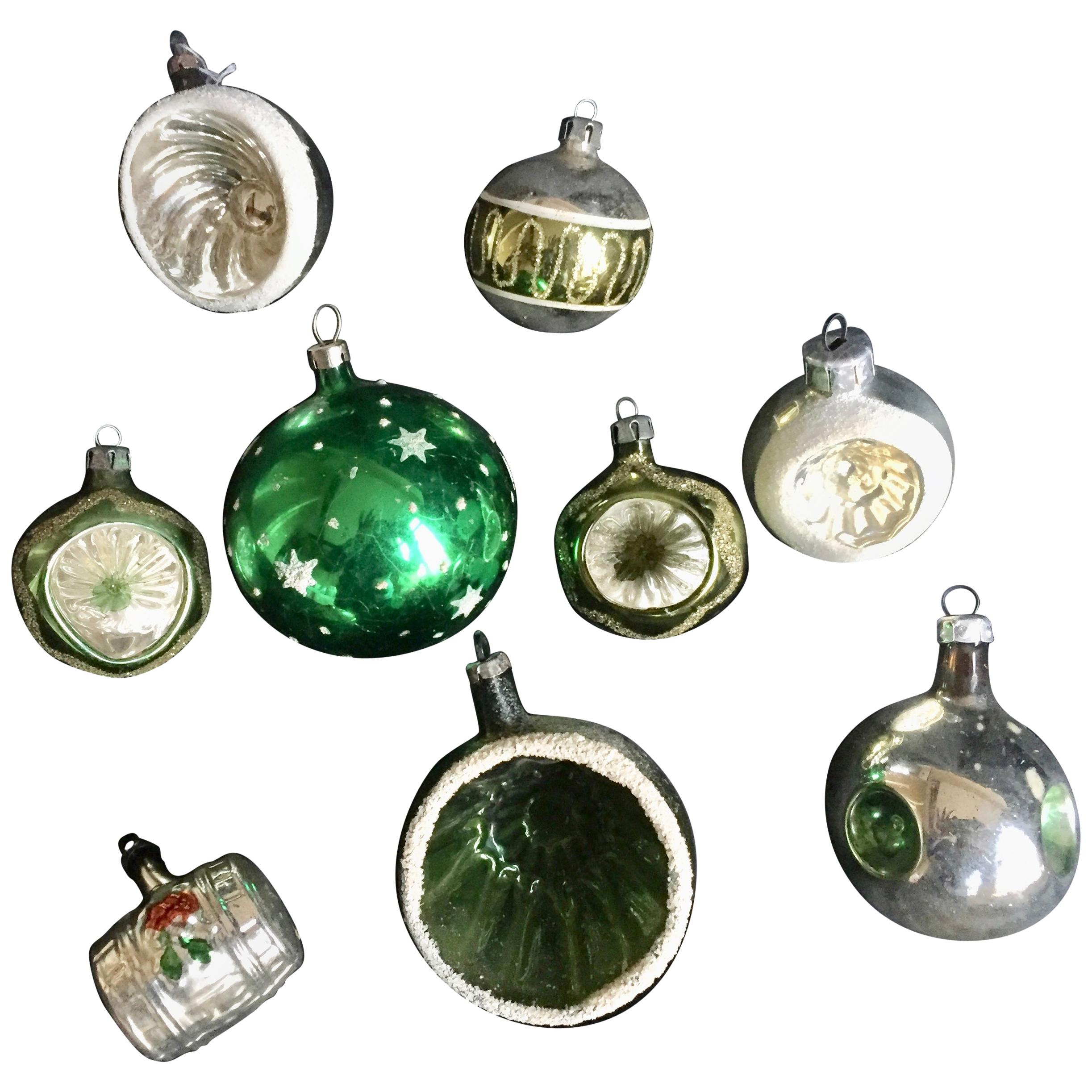 Nine Midcentury Mercury Glass Christmas Tree Ornaments
