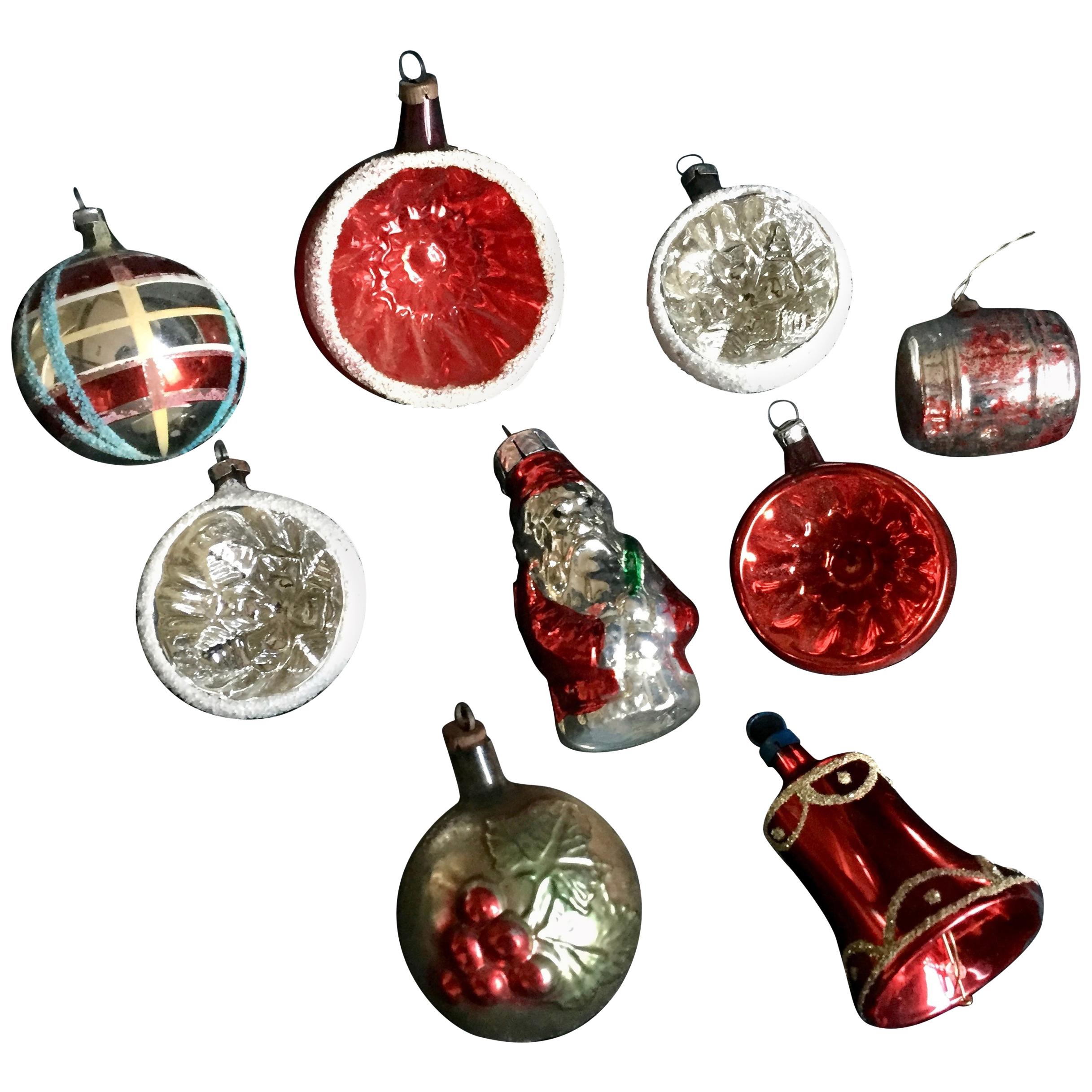 Nine Midcentury Mercury Glass Christmas Tree Ornaments im Angebot
