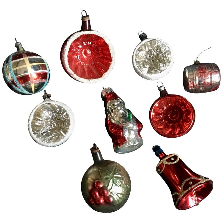 Nine Midcentury Mercury Glass Christmas Tree Ornaments For Sale at 1stDibs