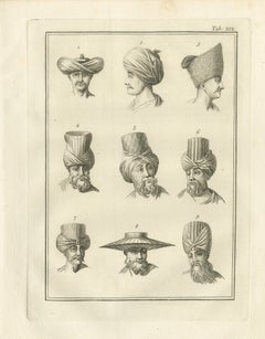Nine Numbered Turbans and Headdresses, Antique Niebuhr Print, 1776