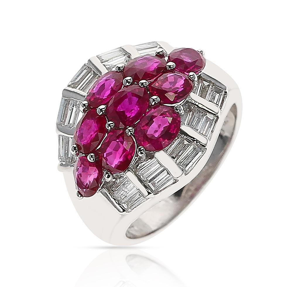 Oval Cut Nine Oval Ruby and Diamond Baguette Estate Cluster Ring, Platinum