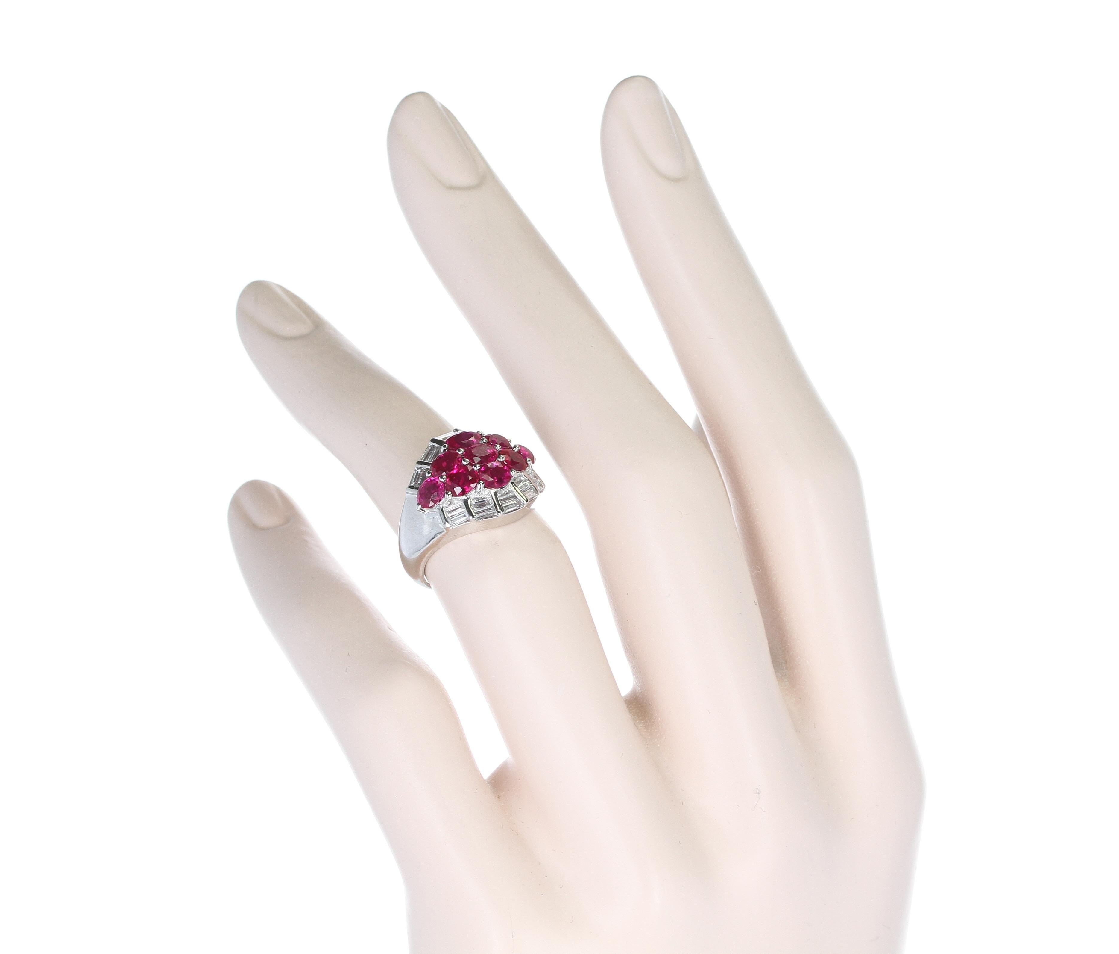 Women's or Men's Nine Oval Ruby and Diamond Baguette Estate Cluster Ring, Platinum