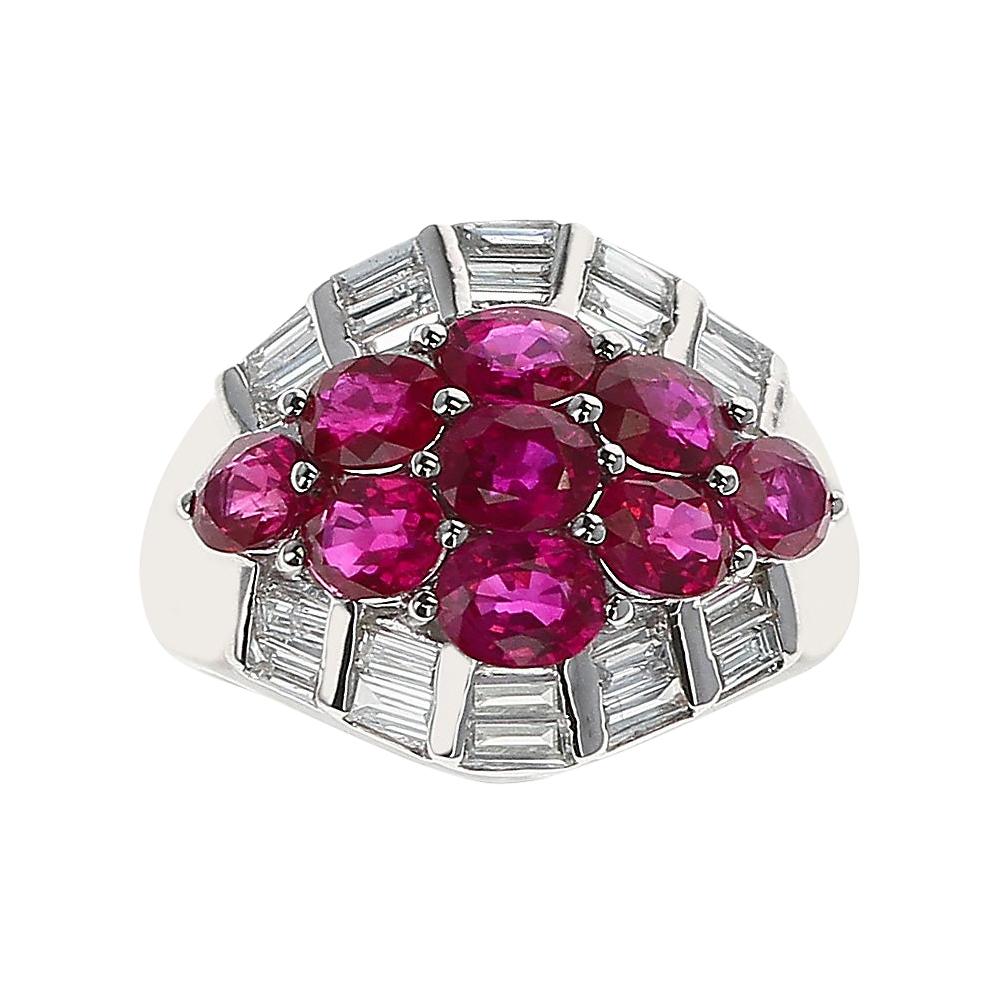 Nine Oval Ruby and Diamond Baguette Estate Cluster Ring, Platinum