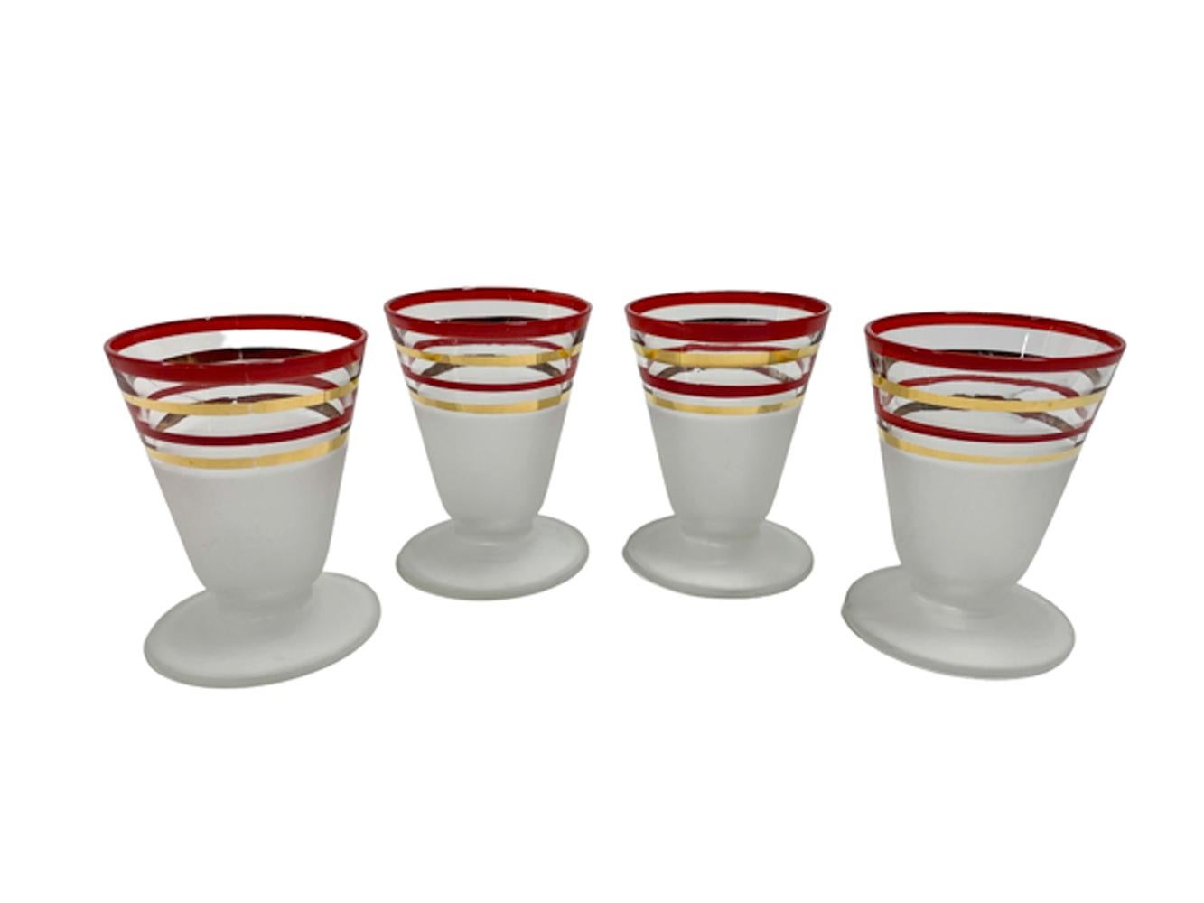 American Nine Piece Art Deco Cocktail Shaker Set with 22k Gold and Red Enamel Bands For Sale