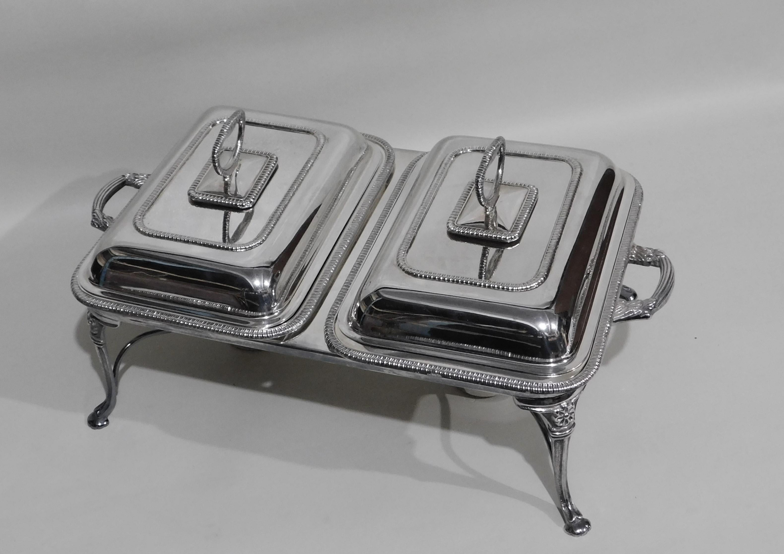 NinePiece English Silver Plate Double Entree Serving Dish Burners