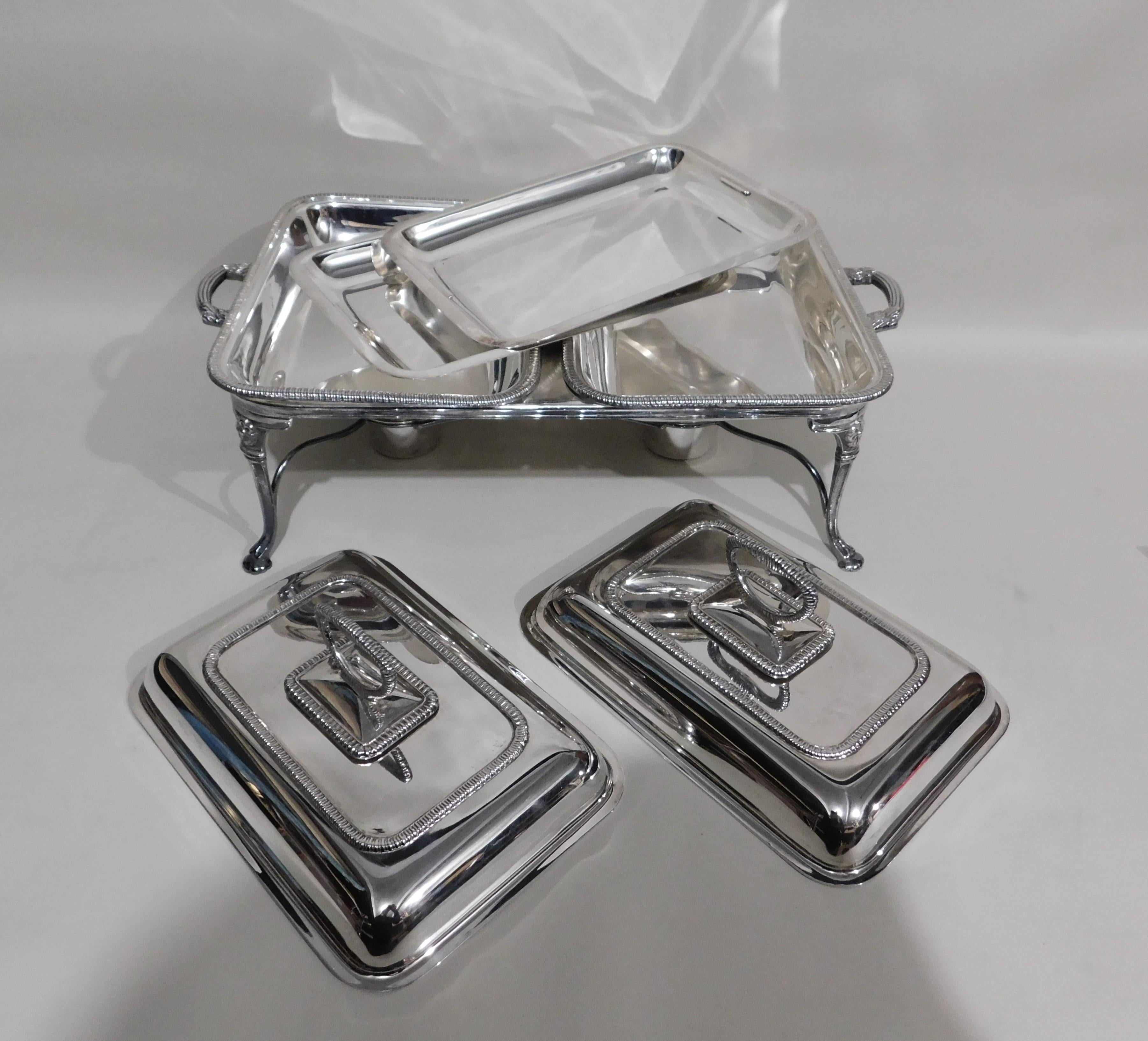 NinePiece English Silver Plate Double Entree Serving Dish Burners