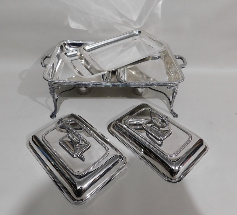 NinePiece English Silver Plate Double Entree Serving Dish Burners