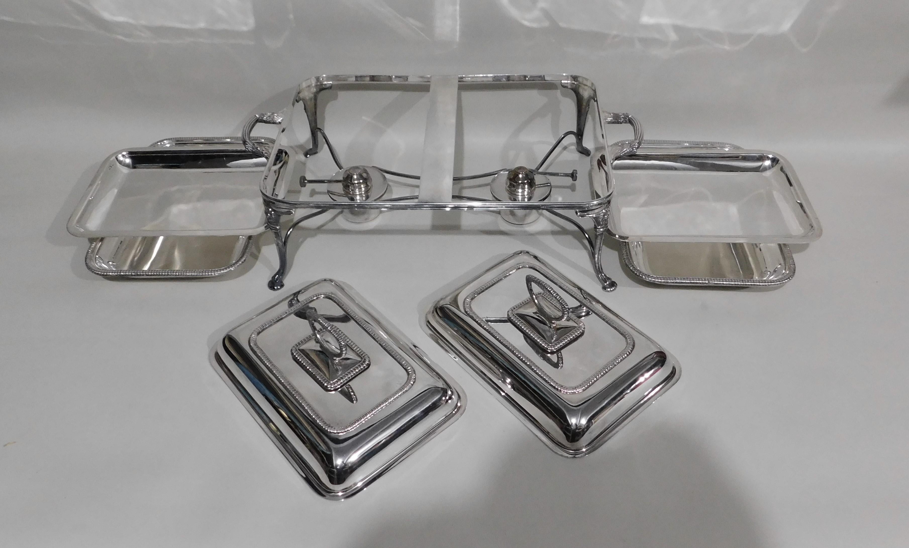 Nine-Piece English Silver Plate Double Entree Serving Dish Burners Trays Stand In Good Condition In Hamilton, Ontario