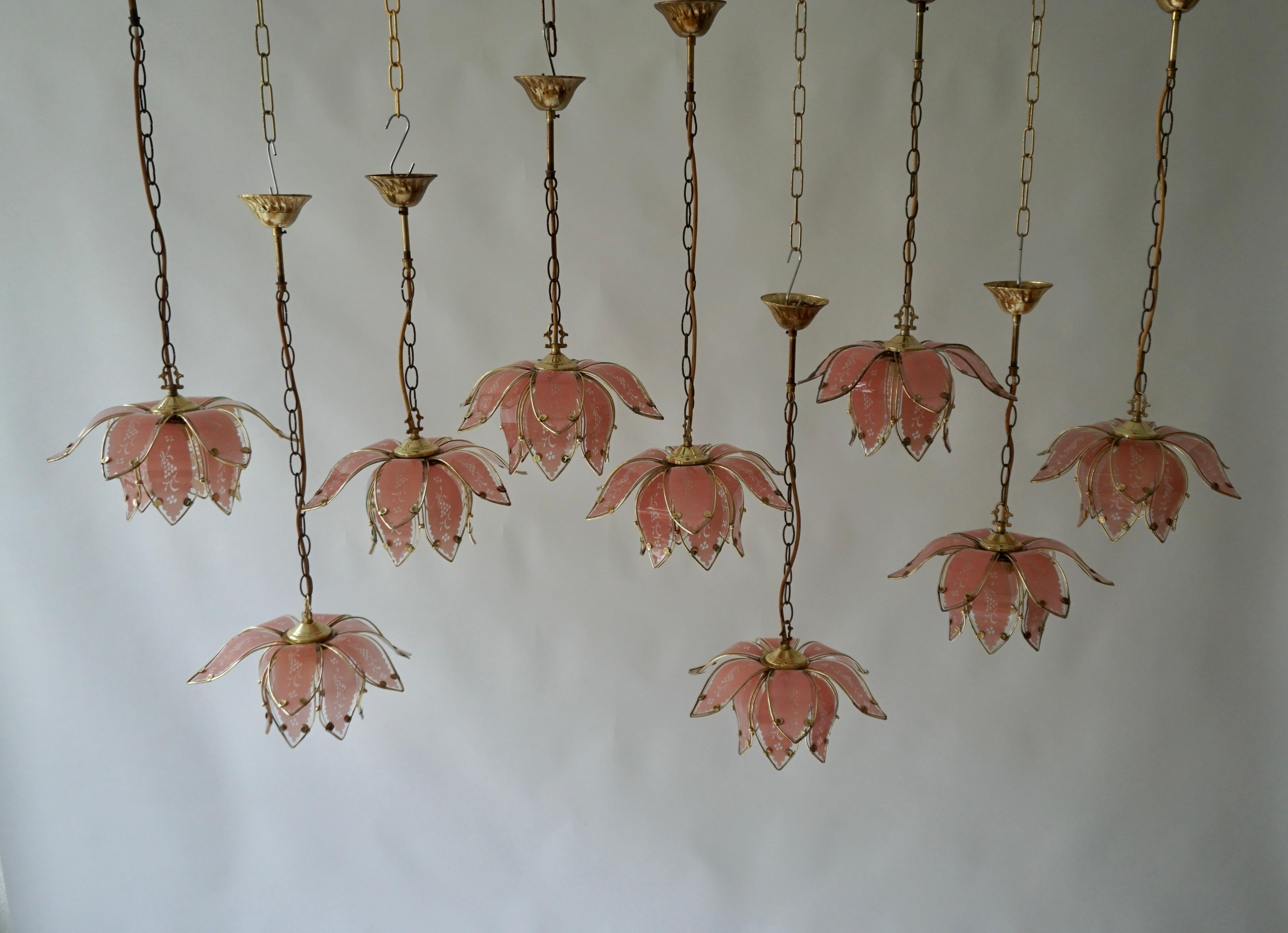 Nine Pink Lotus Floral Glass and Brass Pendant Light For Sale 5