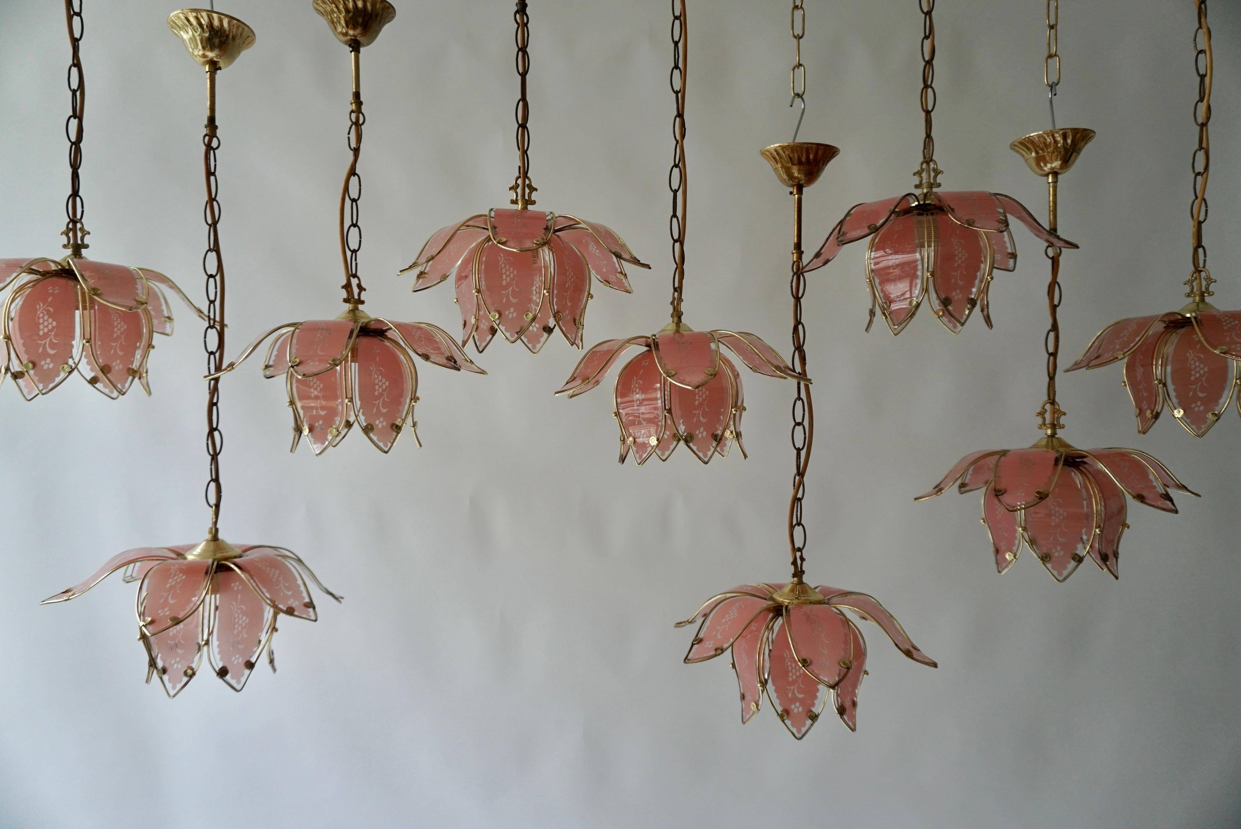 Nine Pink Lotus Floral Glass and Brass Pendant Light For Sale 6
