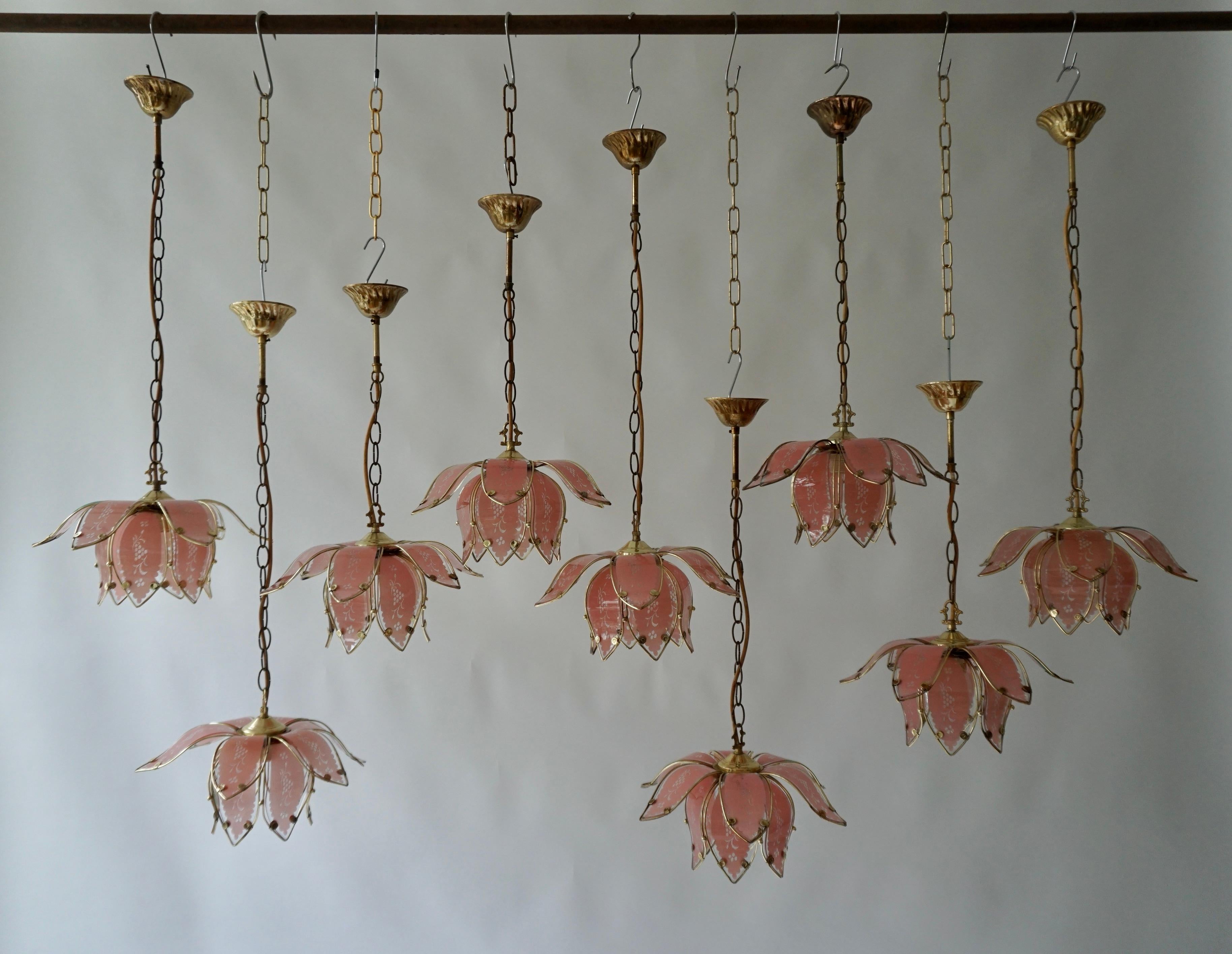 Nine Pink Lotus Floral Glass and Brass Pendant Light For Sale 7