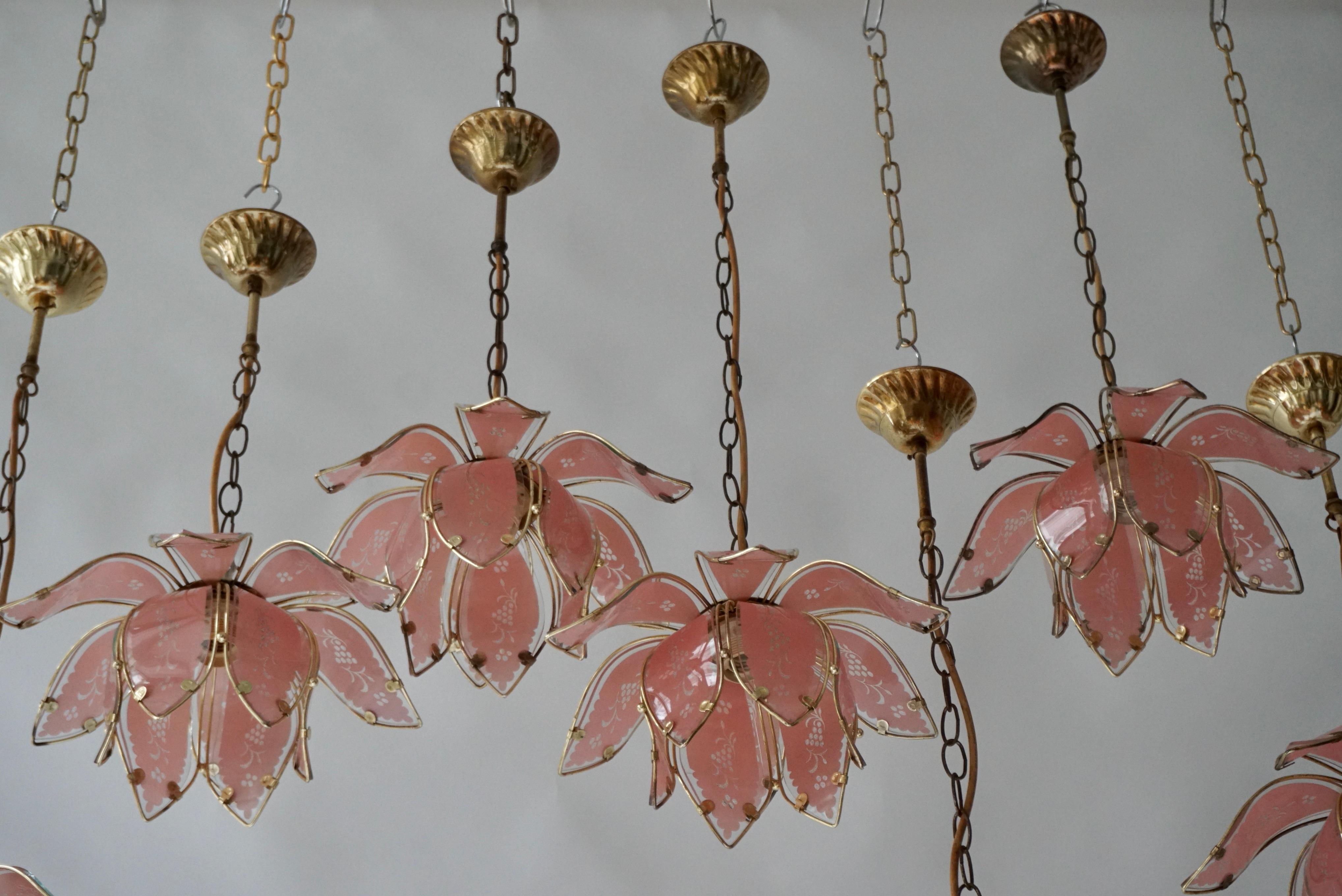 Nine Pink Lotus Floral Glass and Brass Pendant Light For Sale 10