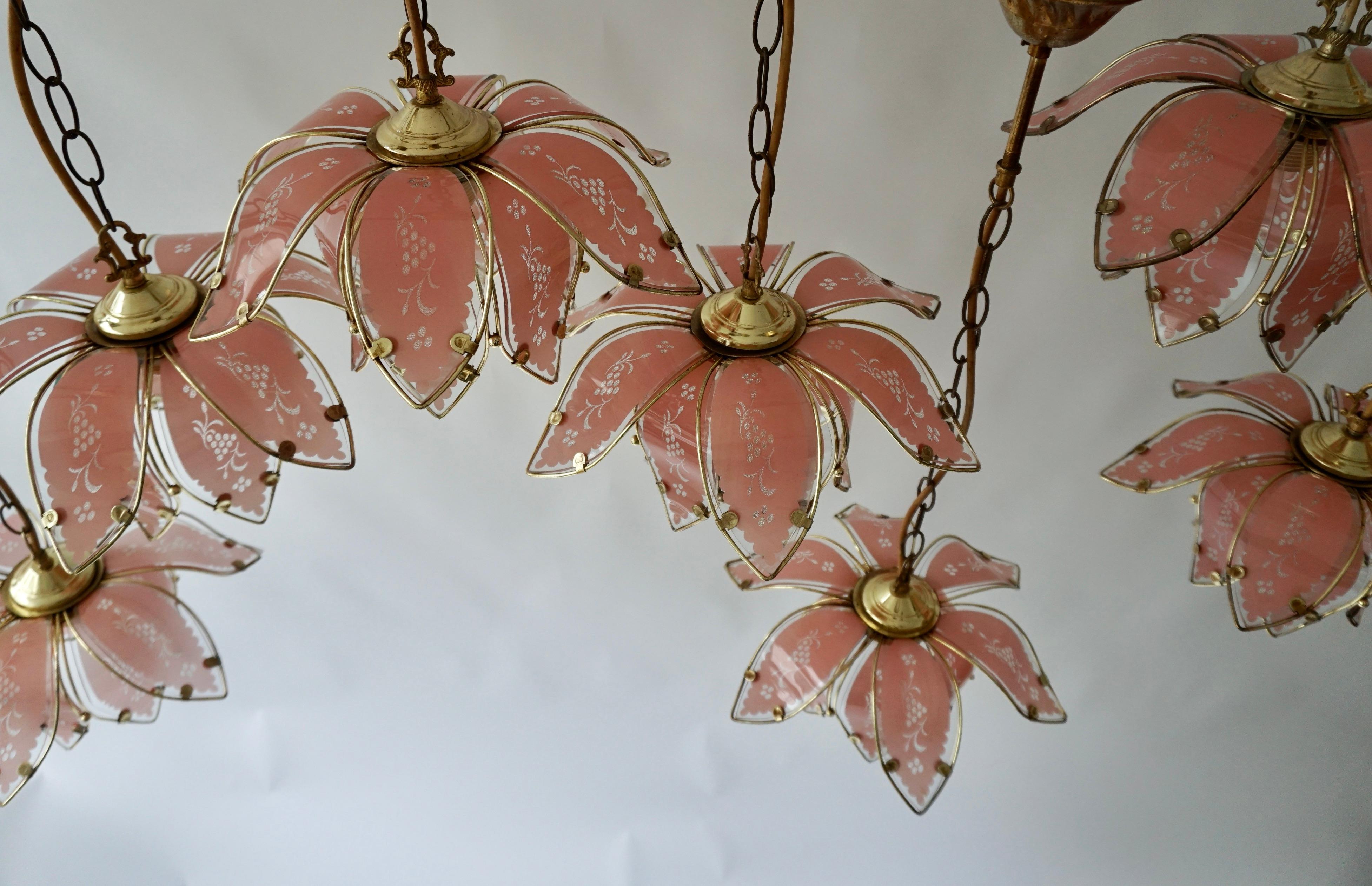 Nine Pink Lotus Floral Glass and Brass Pendant Light For Sale 11
