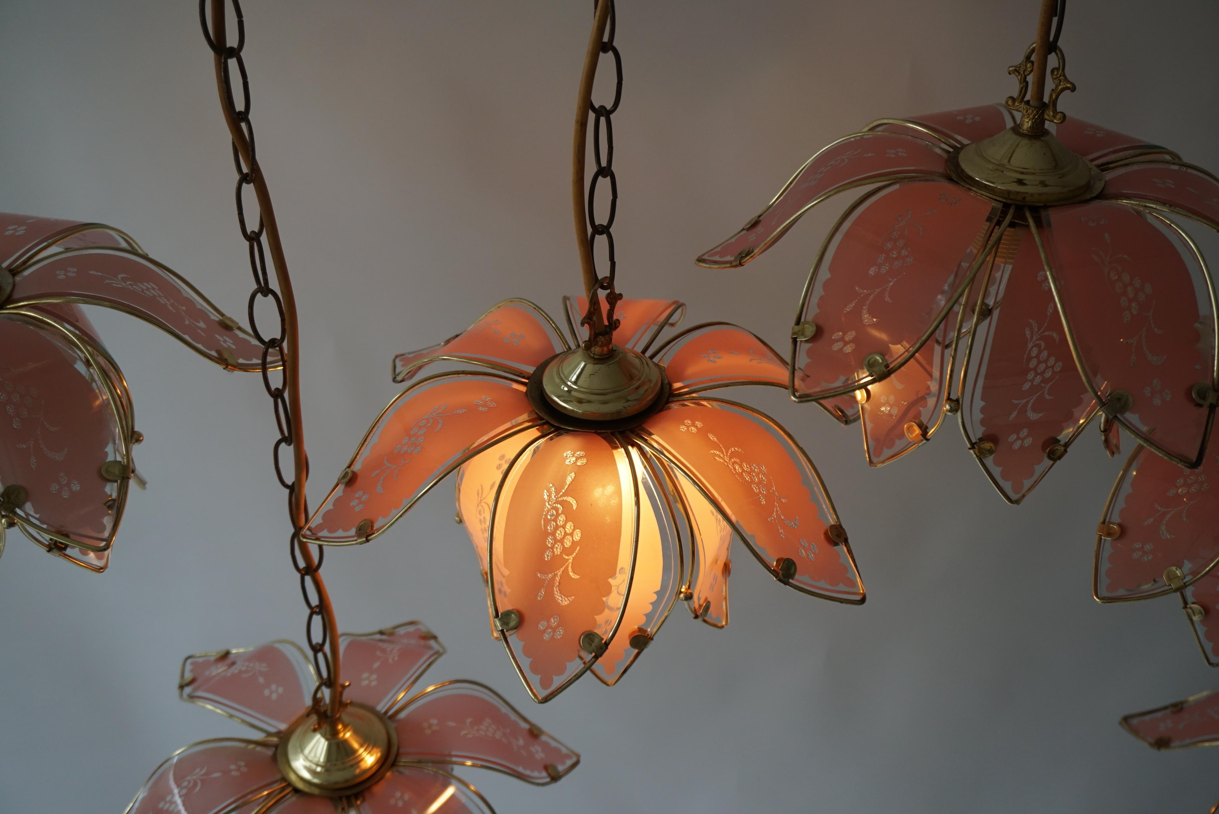 Nine Pink Lotus Floral Glass and Brass Pendant Light For Sale 12