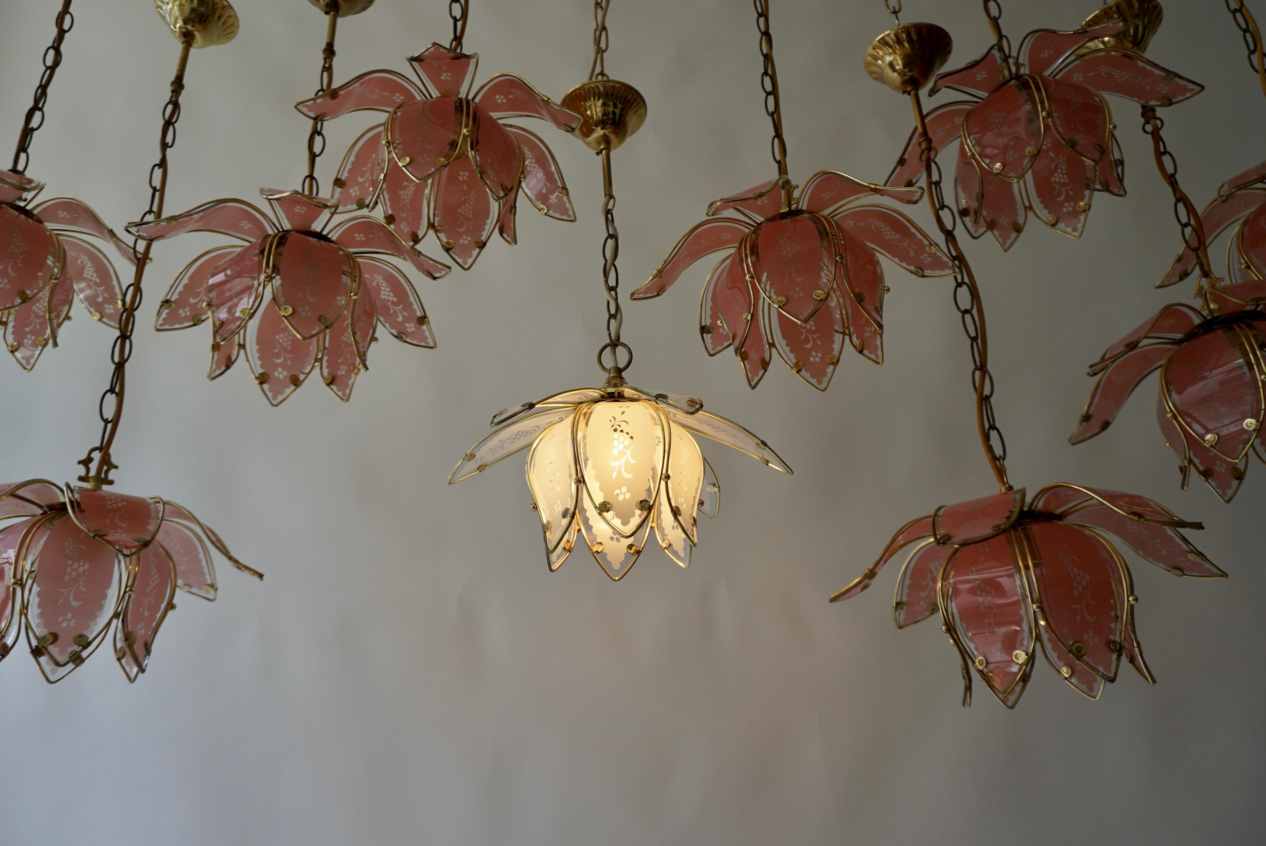 Nine Pink Lotus Floral Glass and Brass Pendant Light For Sale 13