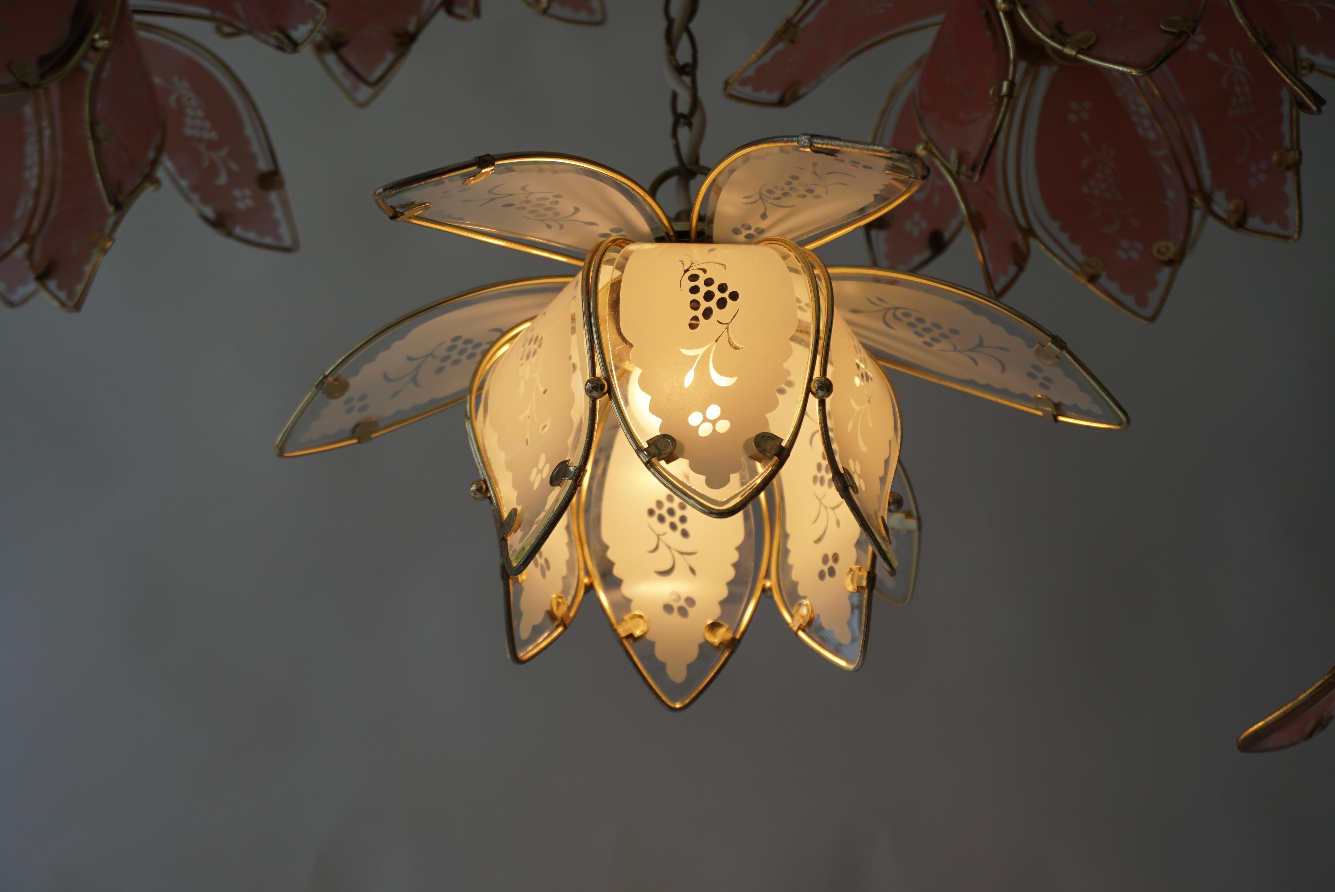 Nine Pink Lotus Floral Glass and Brass Pendant Light For Sale 14