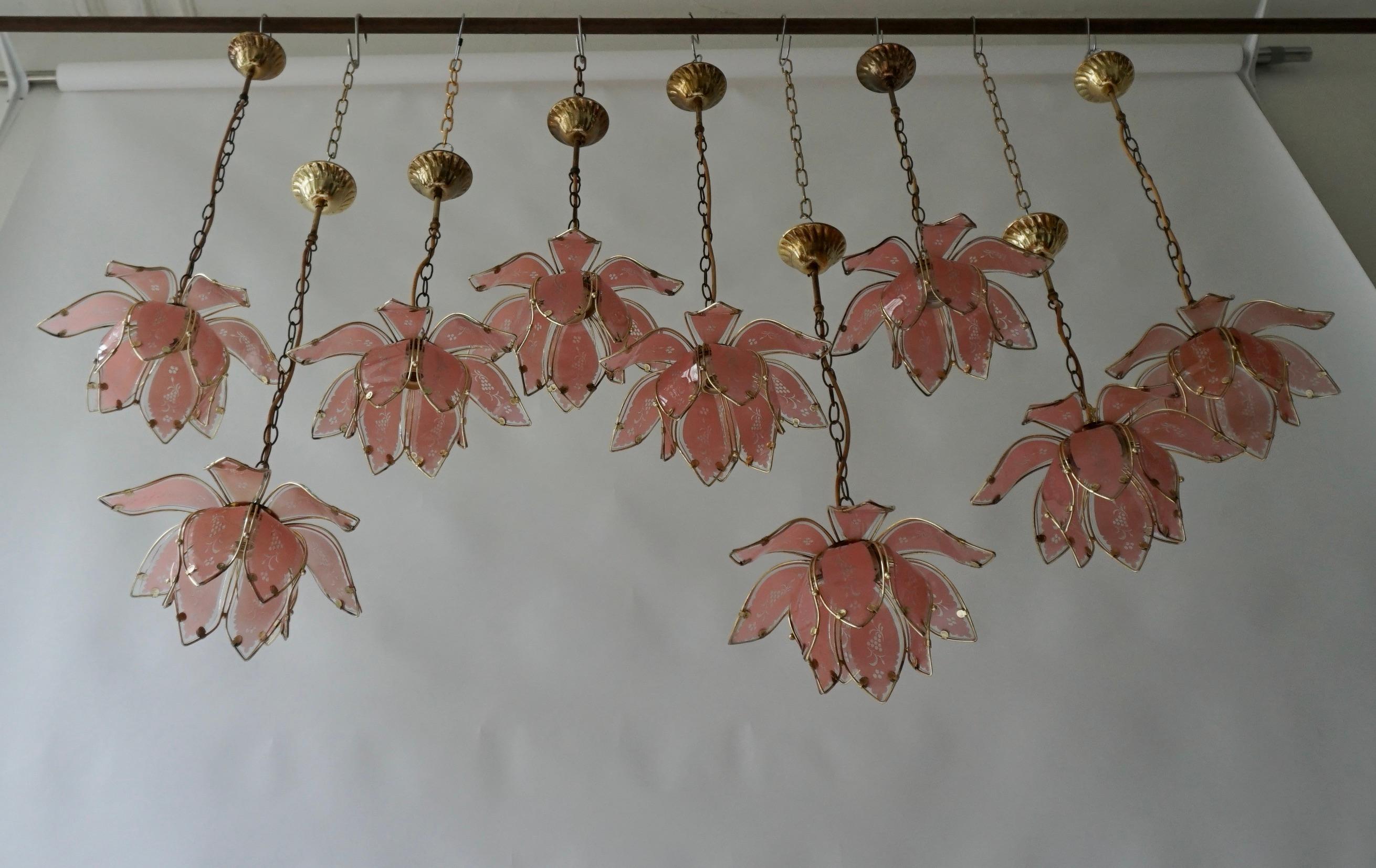 Hollywood Regency Nine Pink Lotus Floral Glass and Brass Pendant Light For Sale