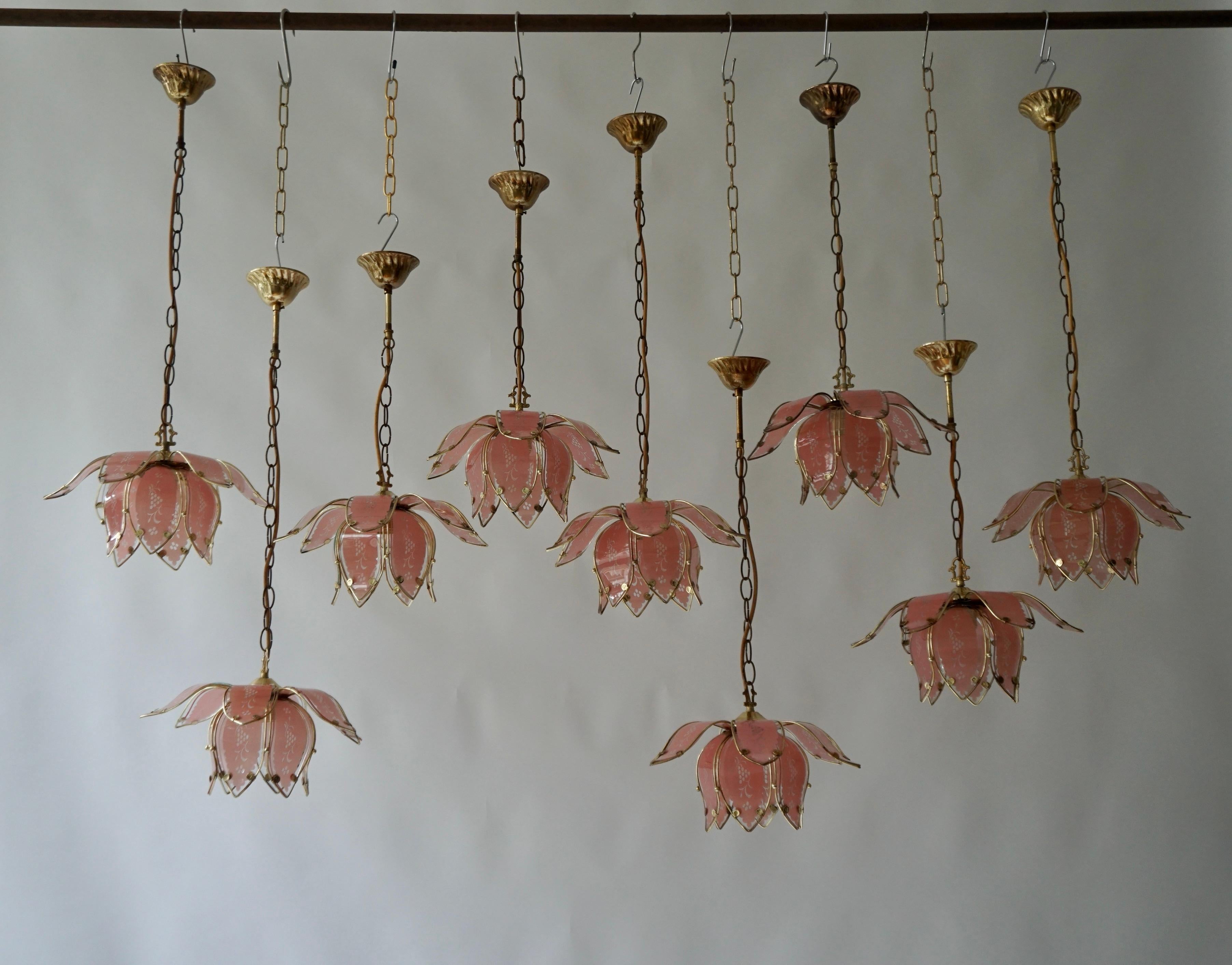 Italian Nine Pink Lotus Floral Glass and Brass Pendant Light For Sale