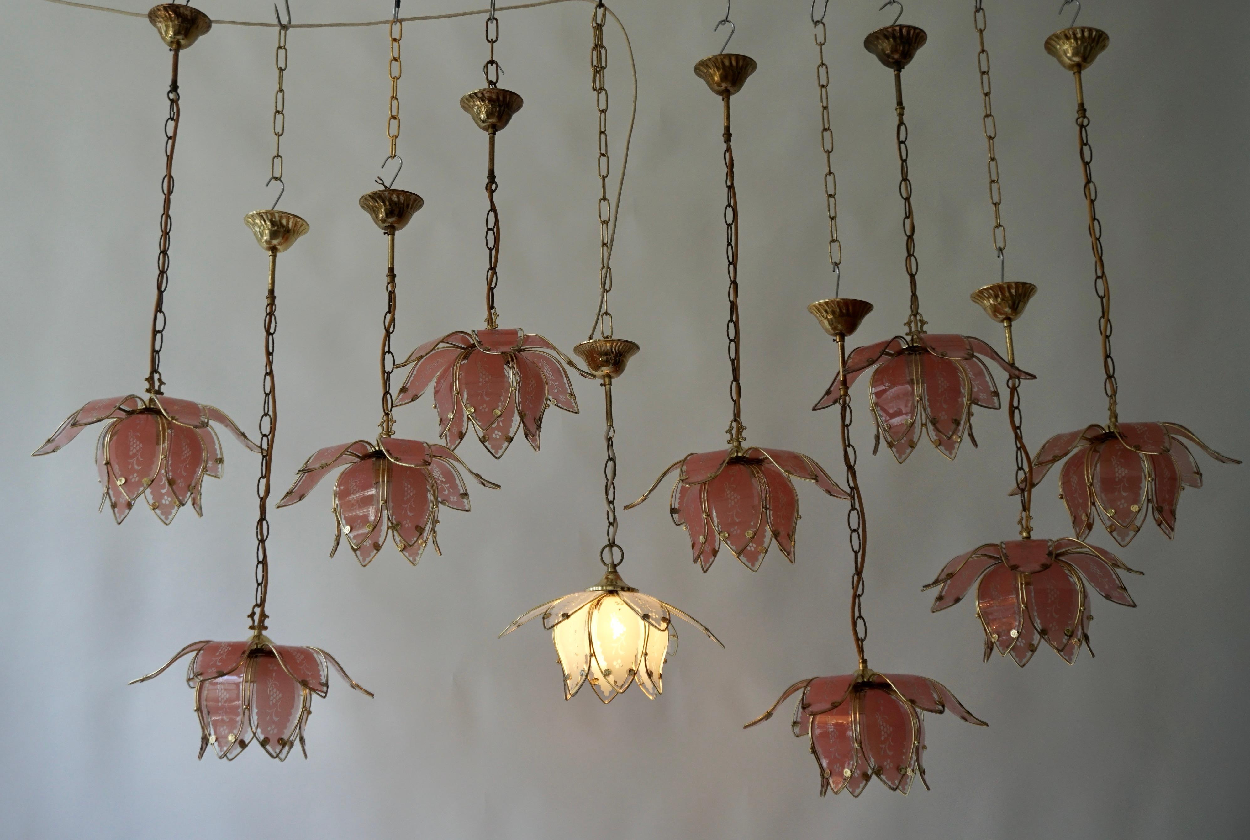 20th Century Nine Pink Lotus Floral Glass and Brass Pendant Light For Sale