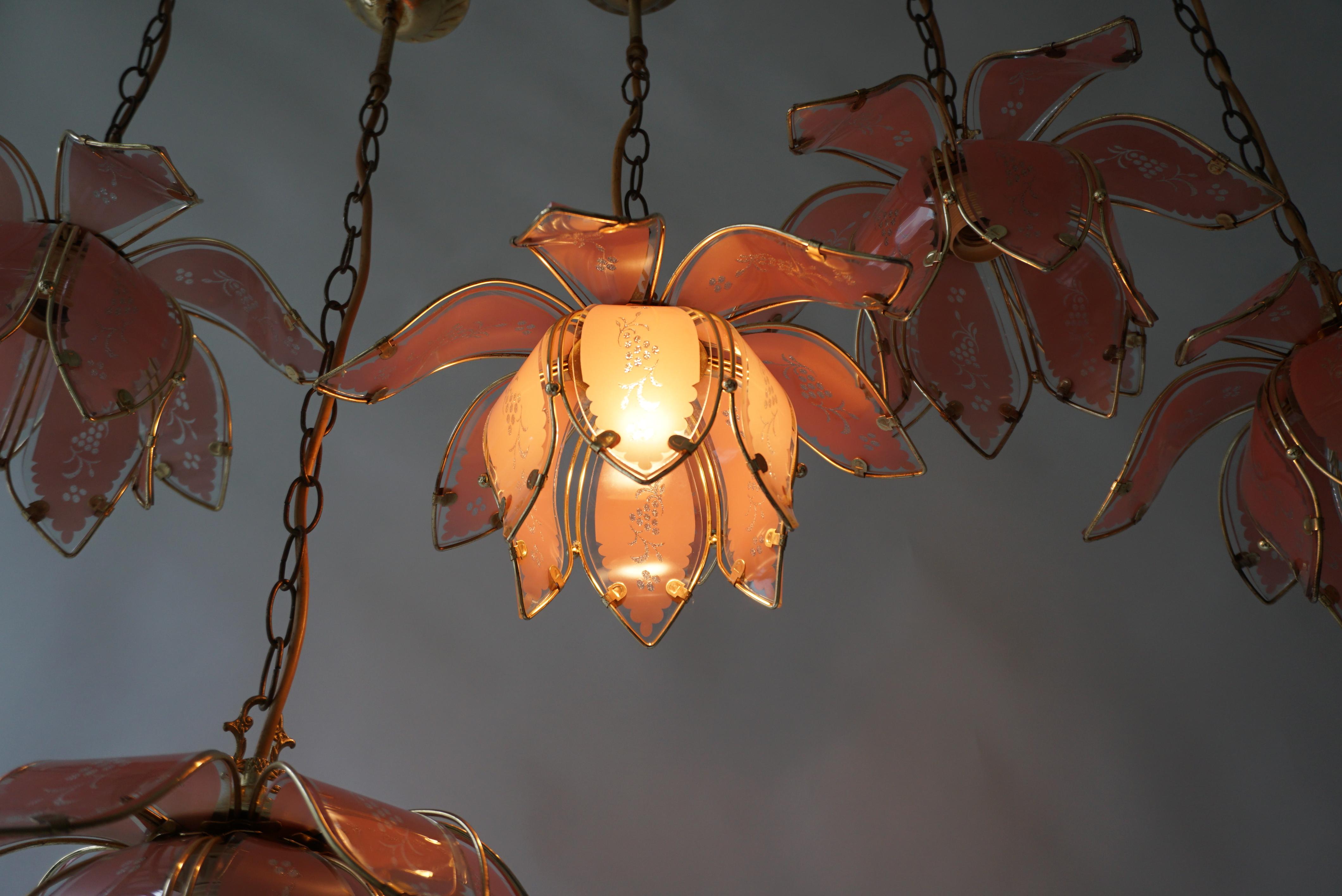 Nine Pink Lotus Floral Glass and Brass Pendant Light For Sale 2