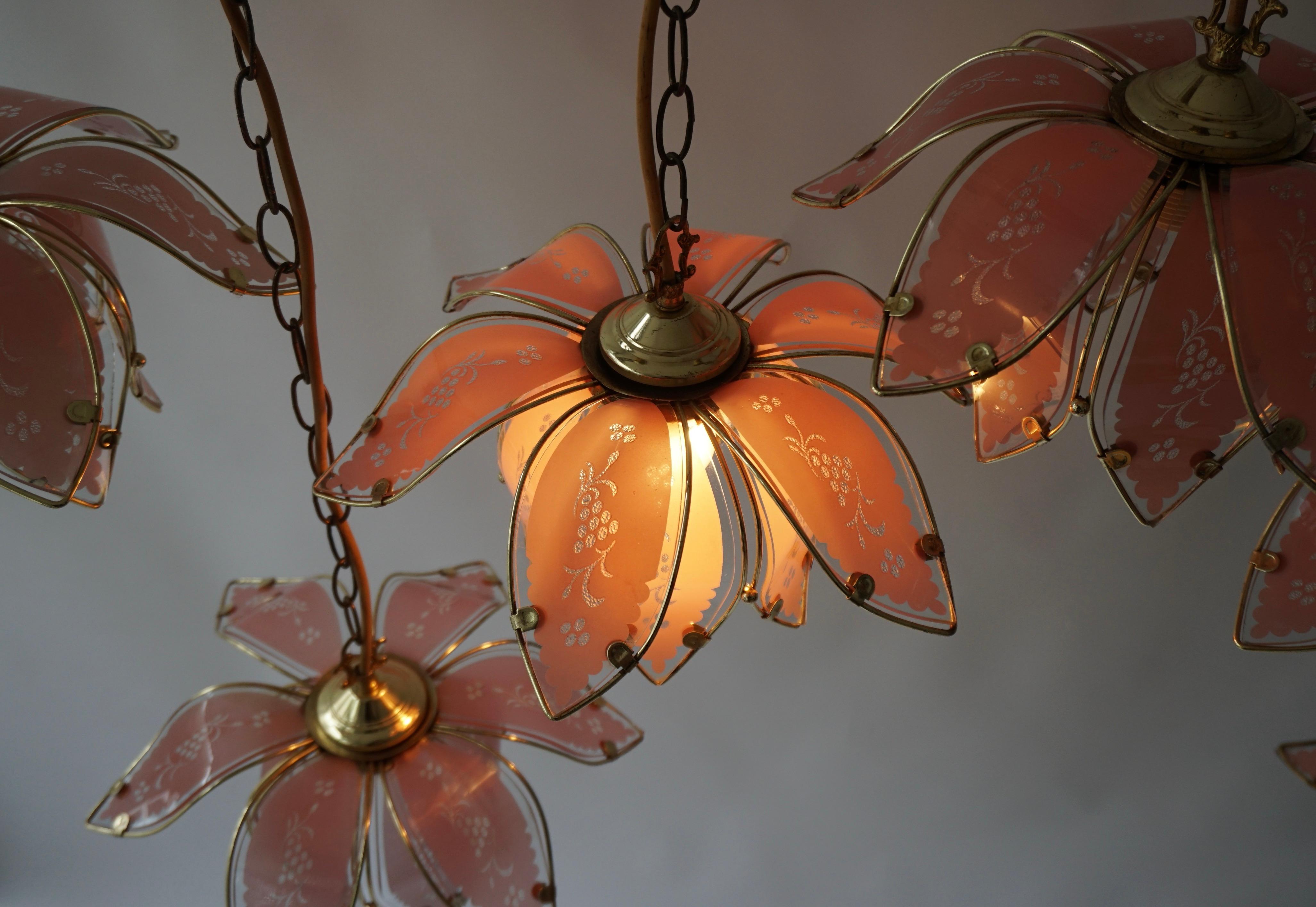 Nine Pink Lotus Floral Glass and Brass Pendant Light For Sale 3