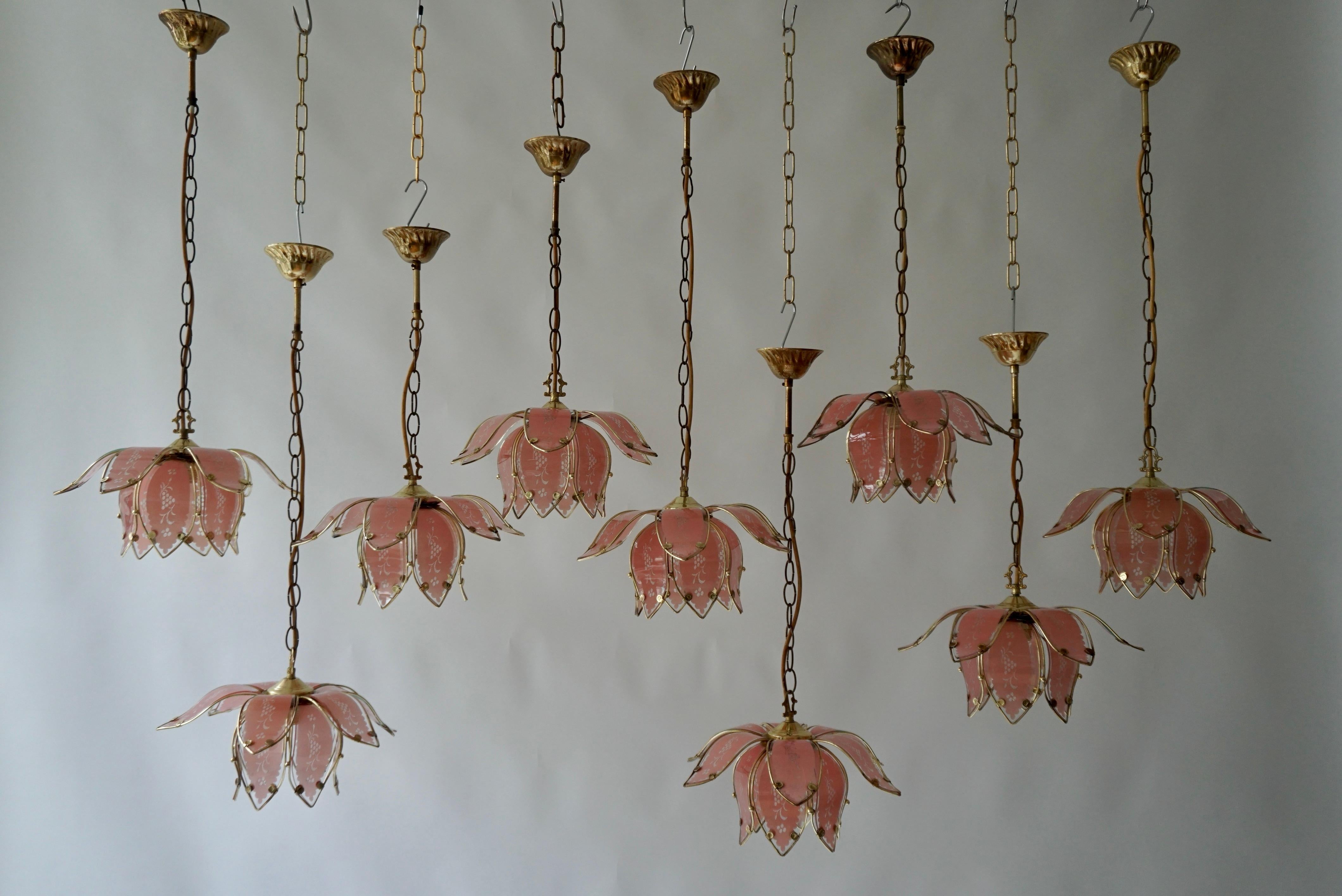 Nine Pink Lotus Floral Glass and Brass Pendant Light For Sale 4