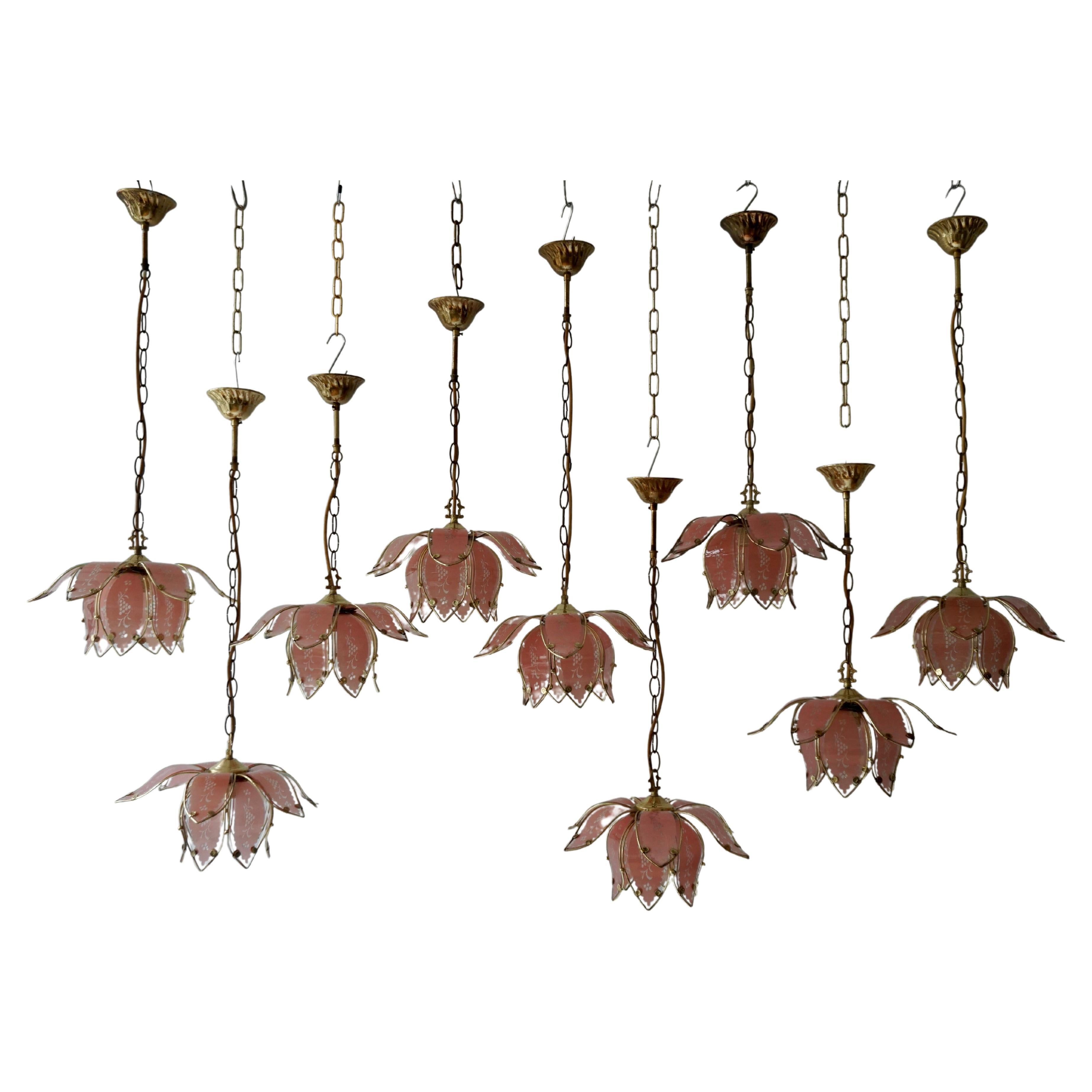 Nine Pink Lotus Floral Glass and Brass Pendant Light For Sale