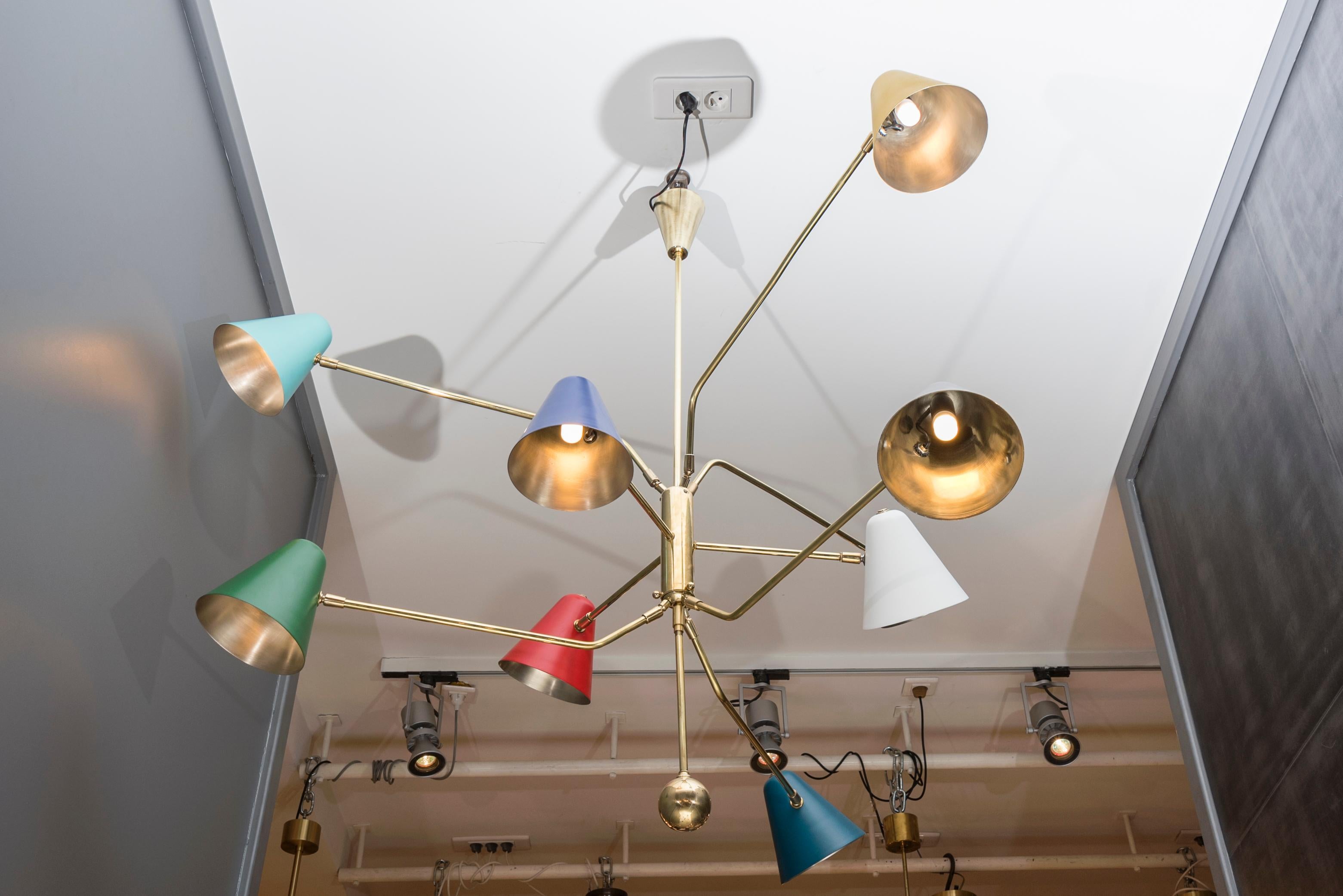 Mid-Century Modern Nine Positionable Arms Chandelier with Colored Cones