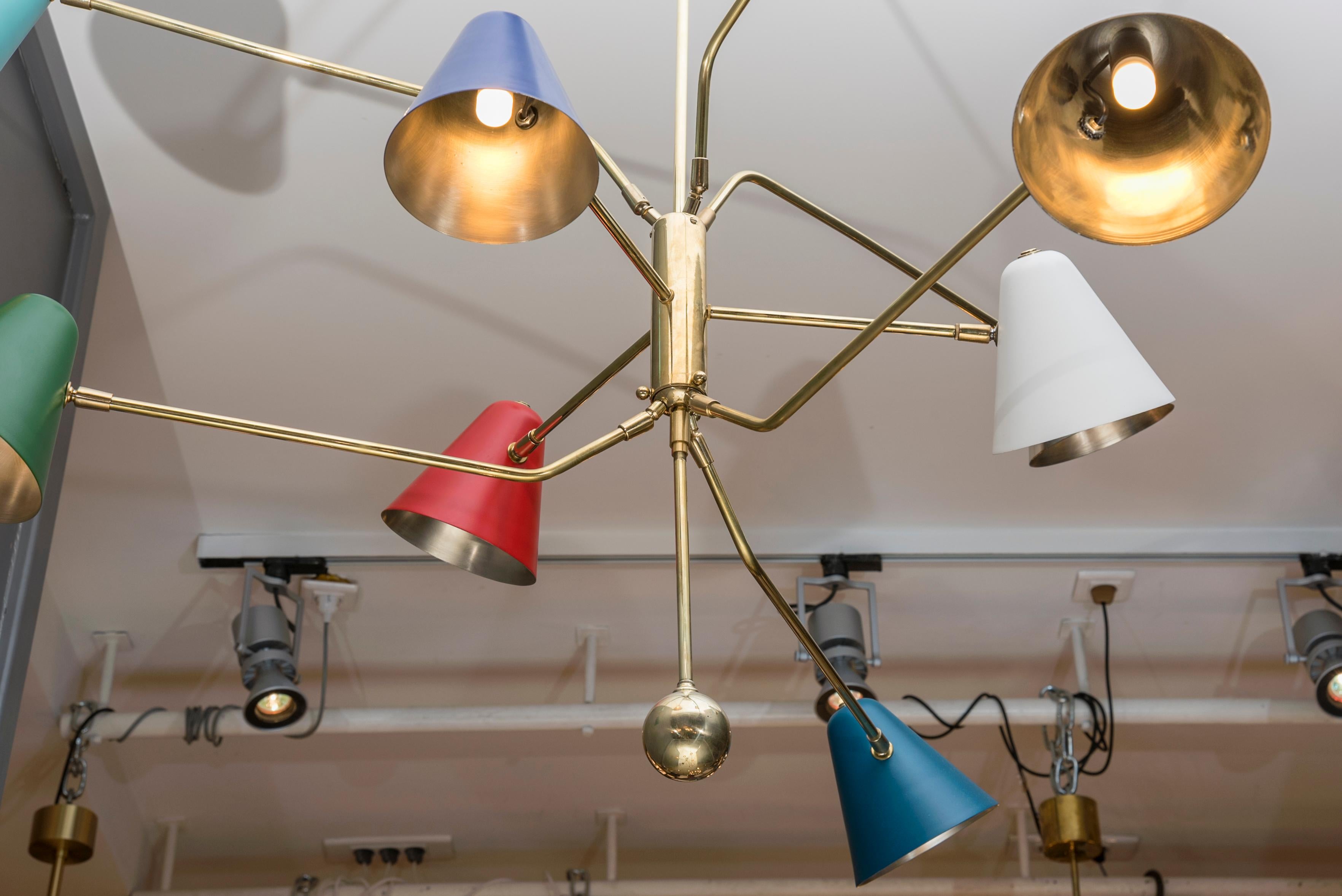 French Nine Positionable Arms Chandelier with Colored Cones