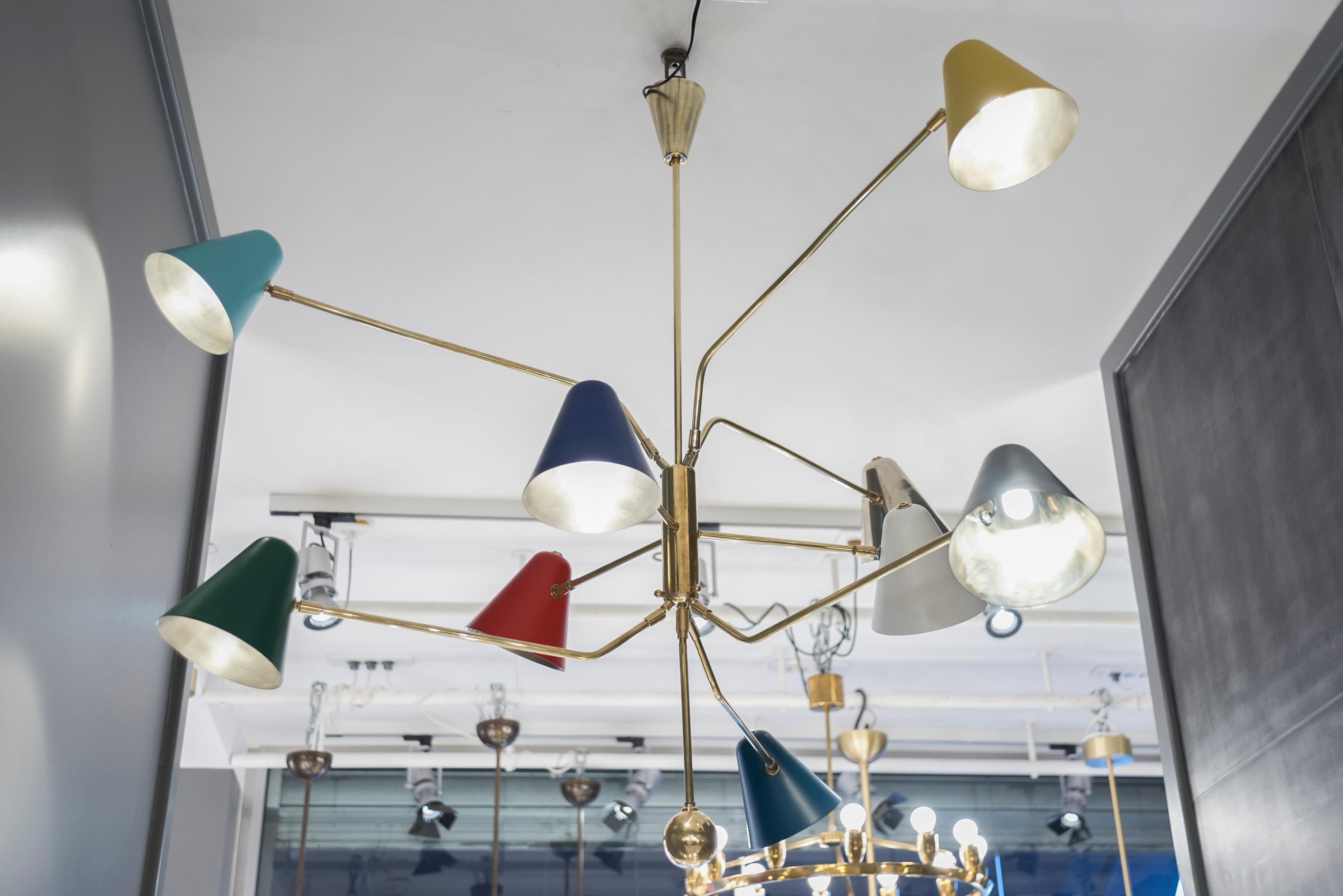 Nine Positionable Arms Chandelier with Colored Cones In Good Condition In Saint-Ouen, IDF