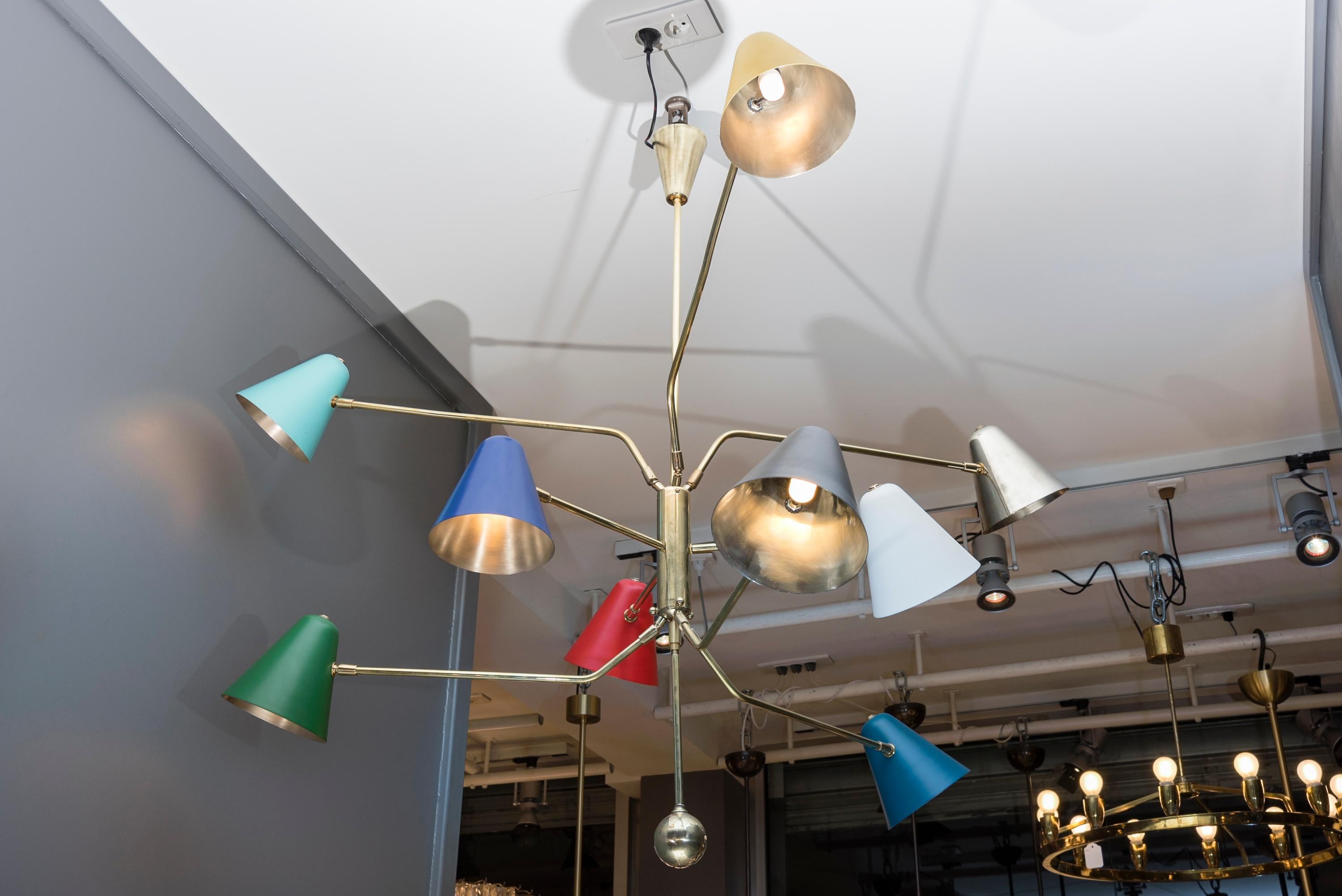 Contemporary Nine Positionable Arms Chandelier with Colored Cones