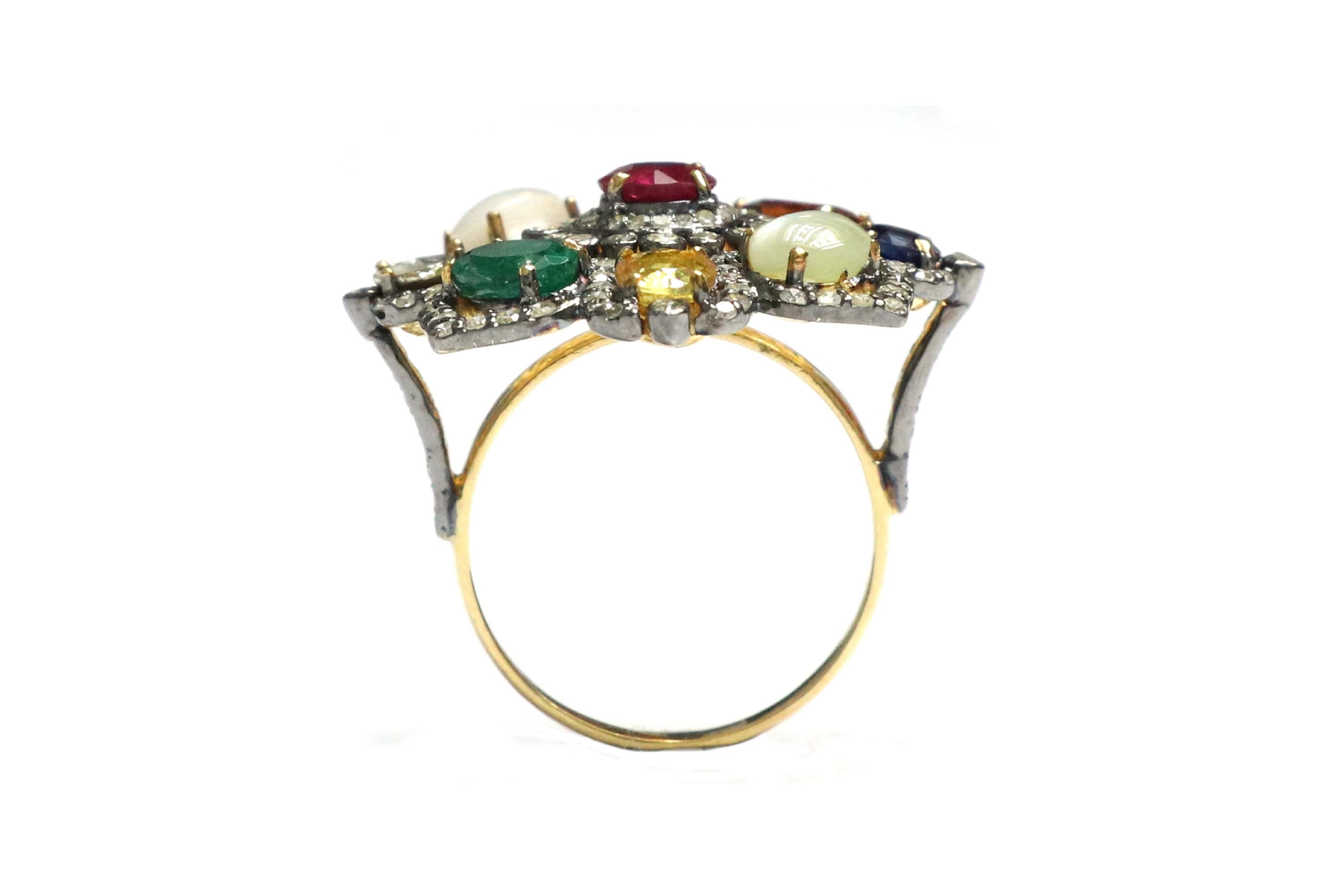 Nine Precious Gems Fashion Ring in Art-Deco Style

This immaculate Victorian period style Navratan (nine) gems ring is mesmerizing. Navratnas of the nine gemstones represent the nine planets on which Indian astrology is based and wearing them