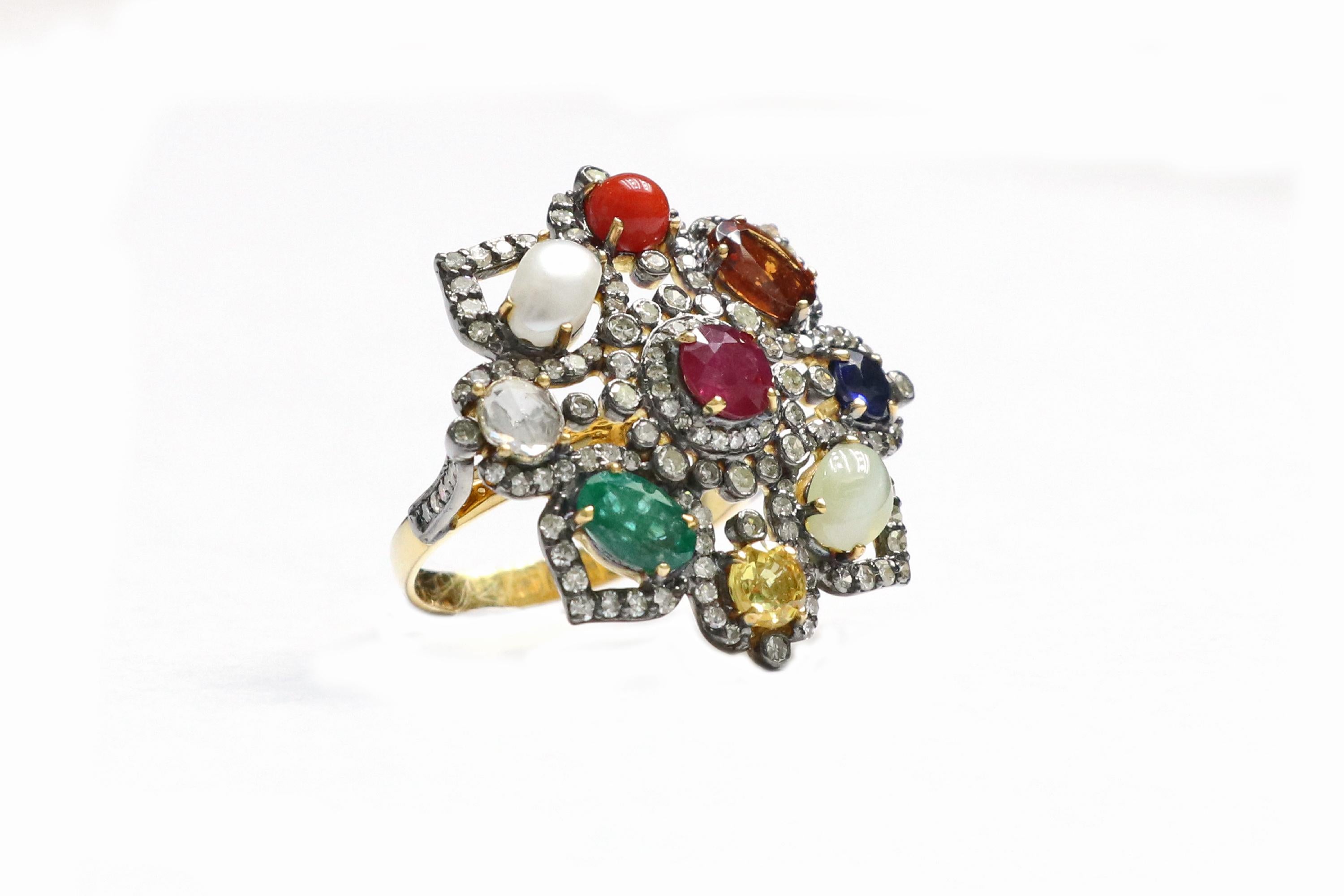 Oval Cut Nine Precious Gems Fashion Ring in Art Deco Style For Sale