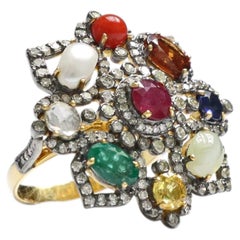 Art Deco Nine Precious Gems Cocktail Ring, 14k Gold & Diamonds, India