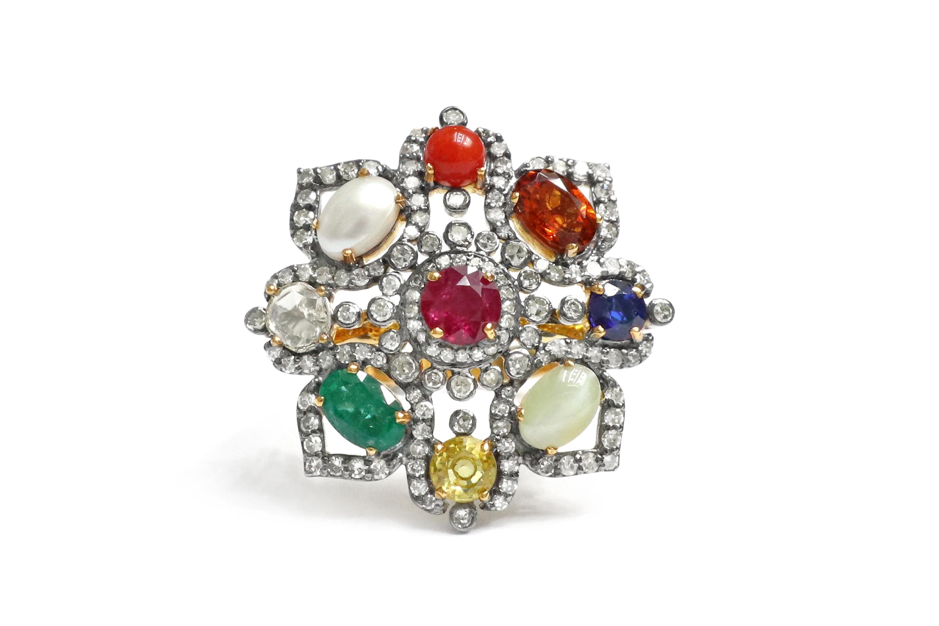 Nine Precious Gems Fashion Ring in Art Deco Style In New Condition For Sale In Jaipur, IN