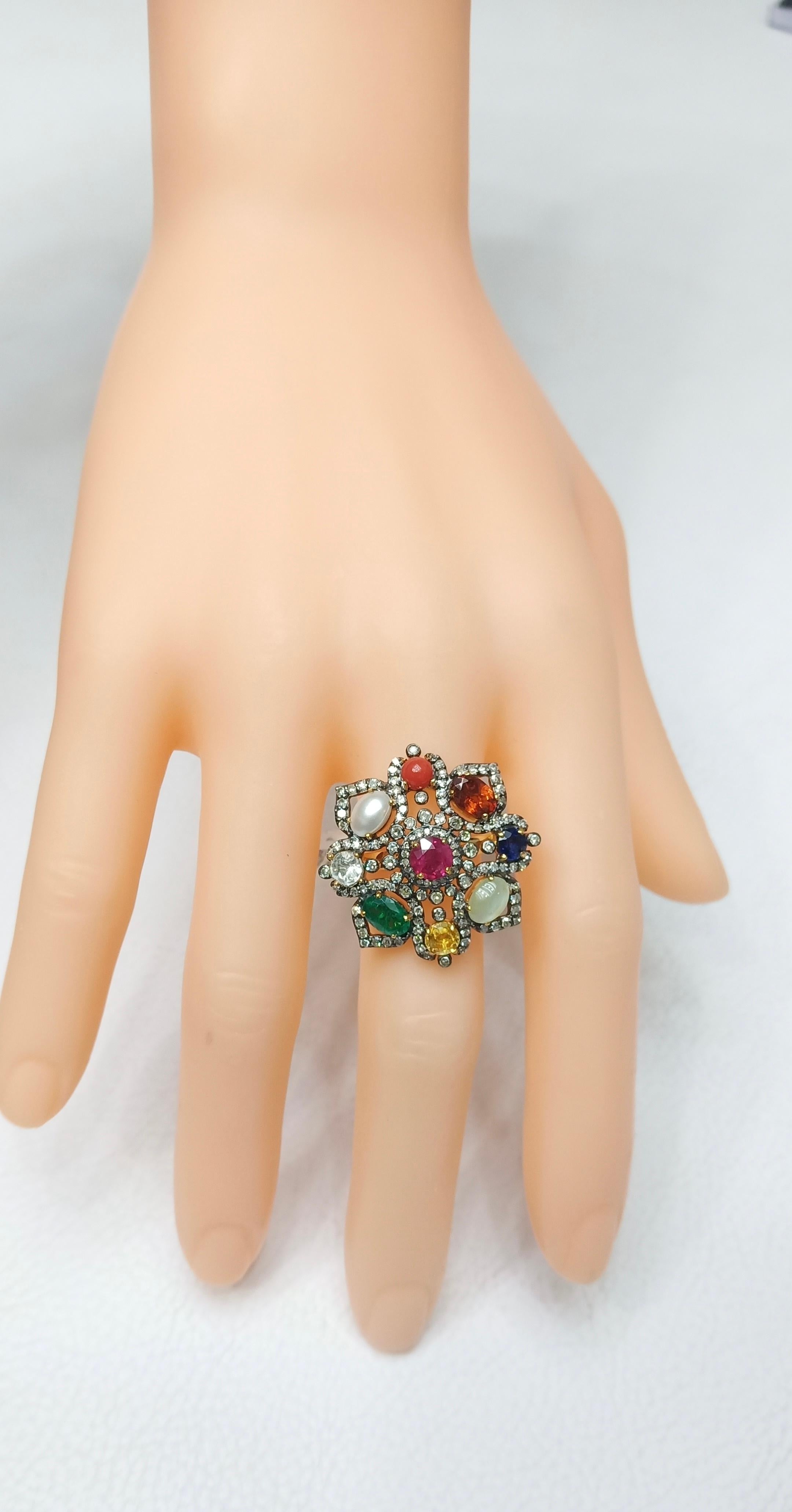 Women's Nine Precious Gems Fashion Ring in Art Deco Style For Sale