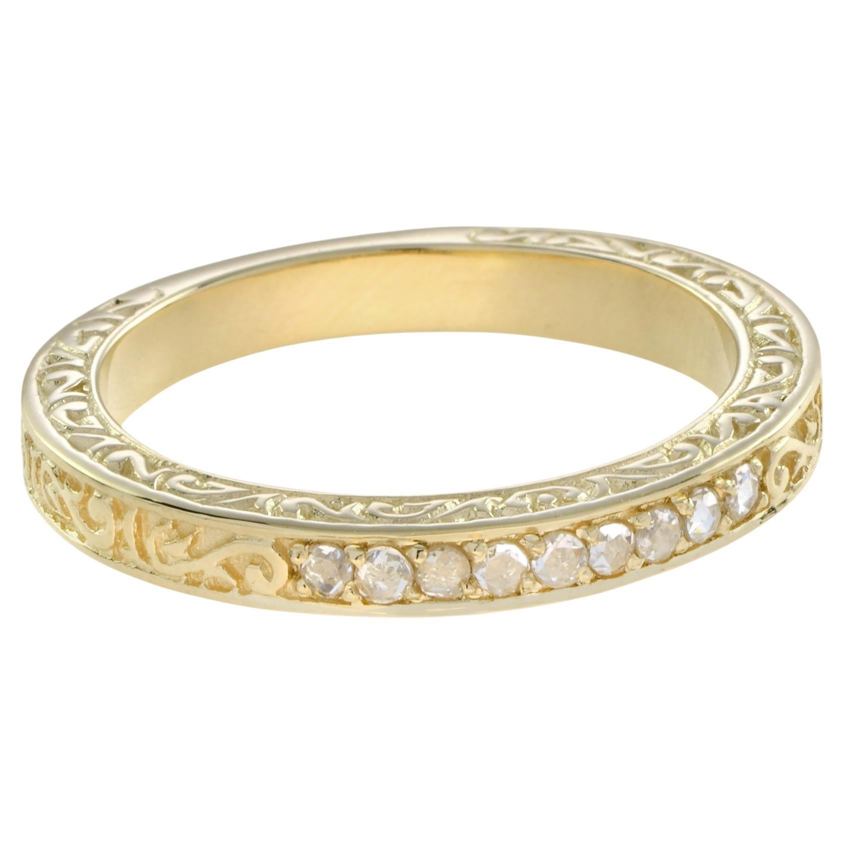 Bague à anneau de style vintage en or jaune 14 carats avec neuf diamants taille rose