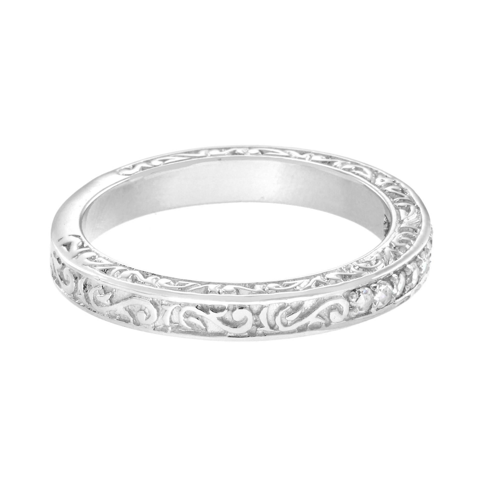 Victorian Nine Rose Cut Diamonds Scrollwork Details Vintage Style Band 14K White Gold Ring For Sale