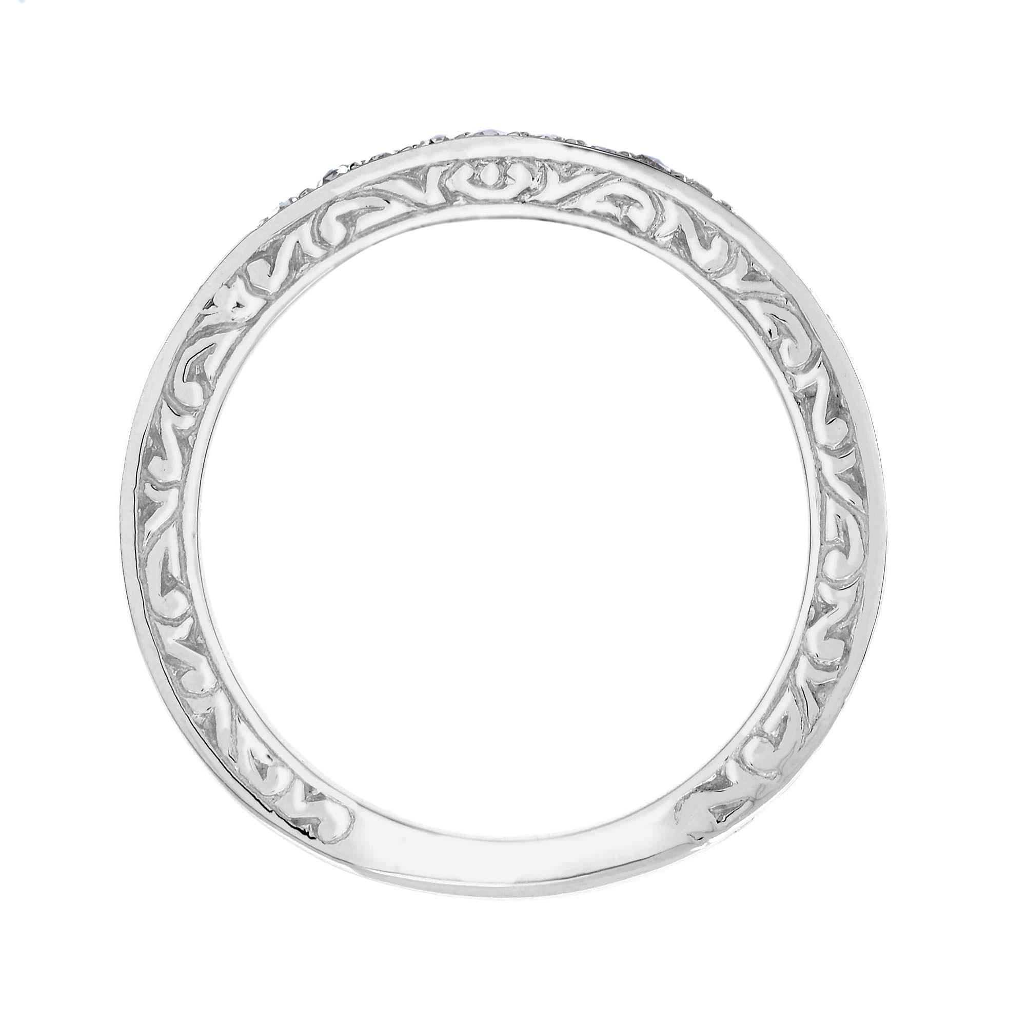 Nine Rose Cut Diamonds Scrollwork Details Vintage Style Band 14K White Gold Ring In New Condition For Sale In Oakton, VA