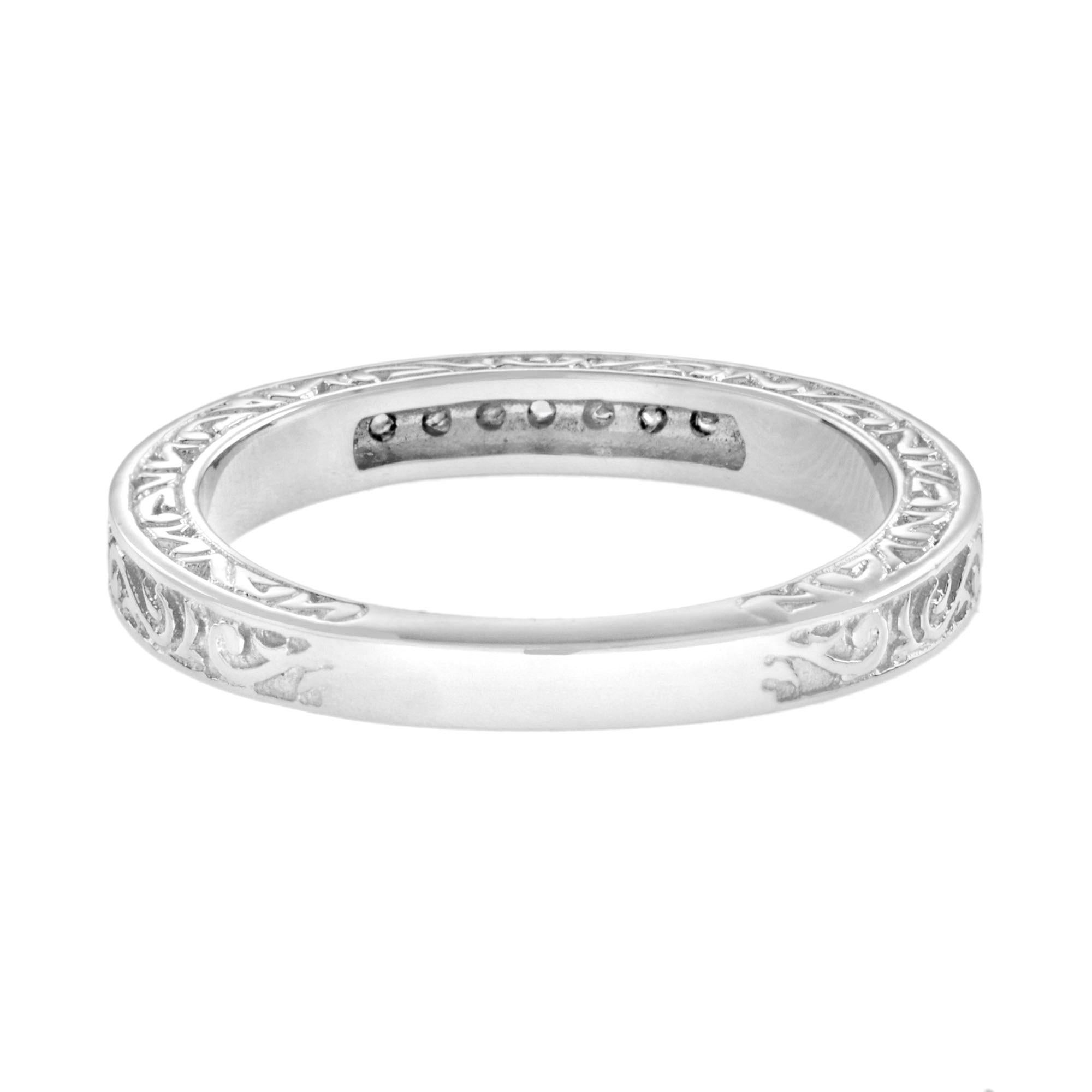 Women's Nine Rose Cut Diamonds Scrollwork Details Vintage Style Band 14K White Gold Ring For Sale