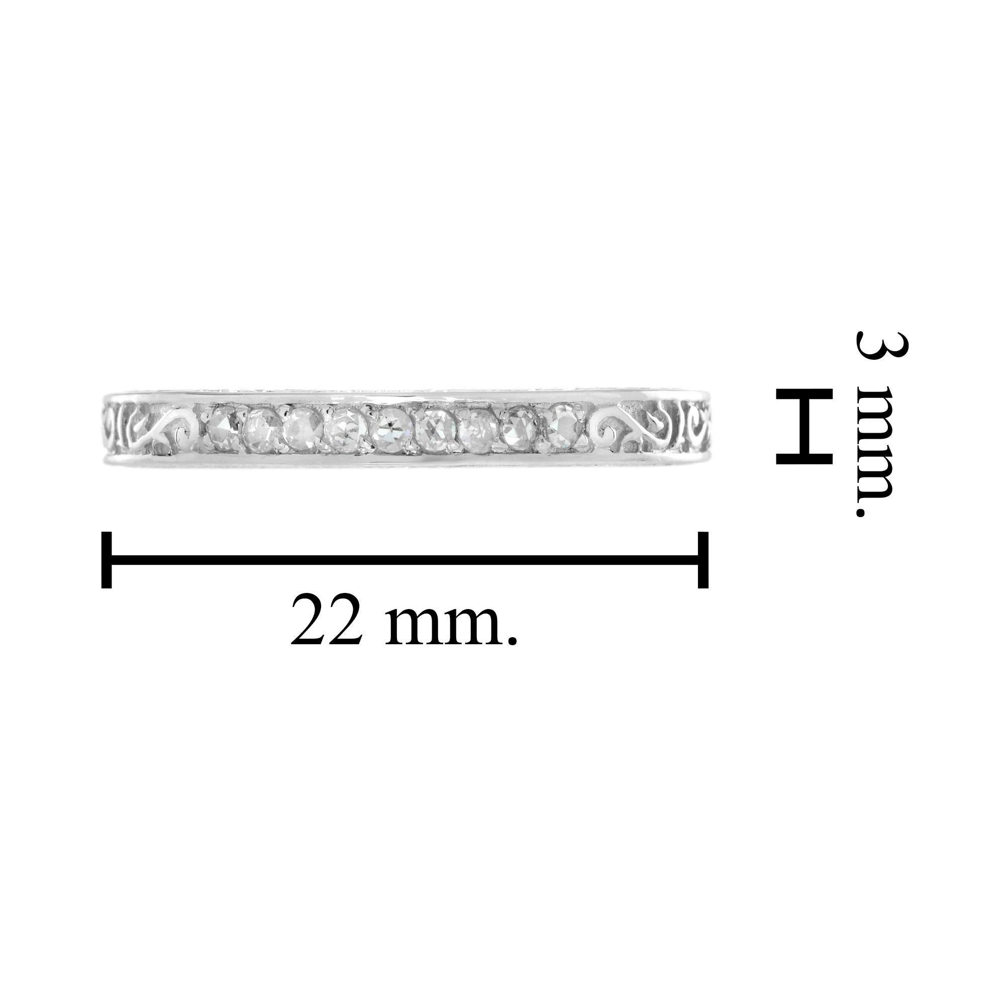 Nine Rose Cut Diamonds Scrollwork Details Vintage Style Band 14K White Gold Ring For Sale 1
