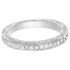 Nine Rose Cut Diamonds Scrollwork Details Vintage Style Band 14K White Gold Ring