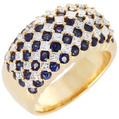Nine-Row Sapphire and Diamond Cocktail Ring, 18 Karat Yellow Gold