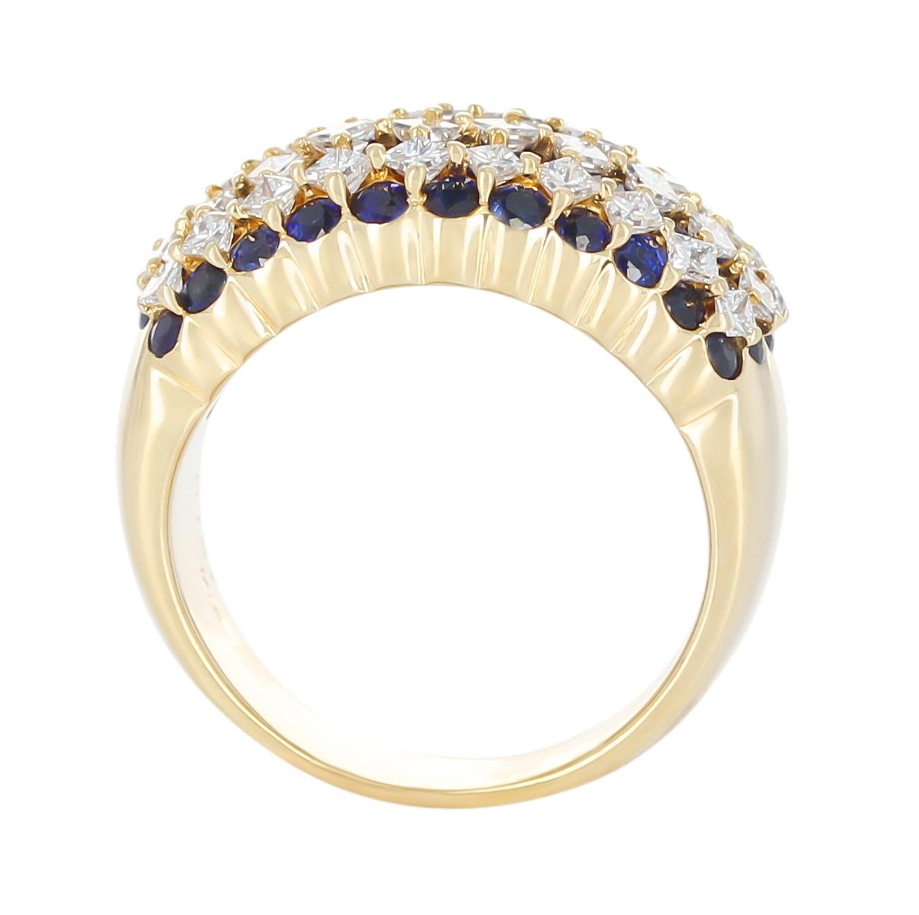 Round Cut Nine-Row Sapphire and Diamond Cocktail Ring, 18 Karat Yellow Gold For Sale