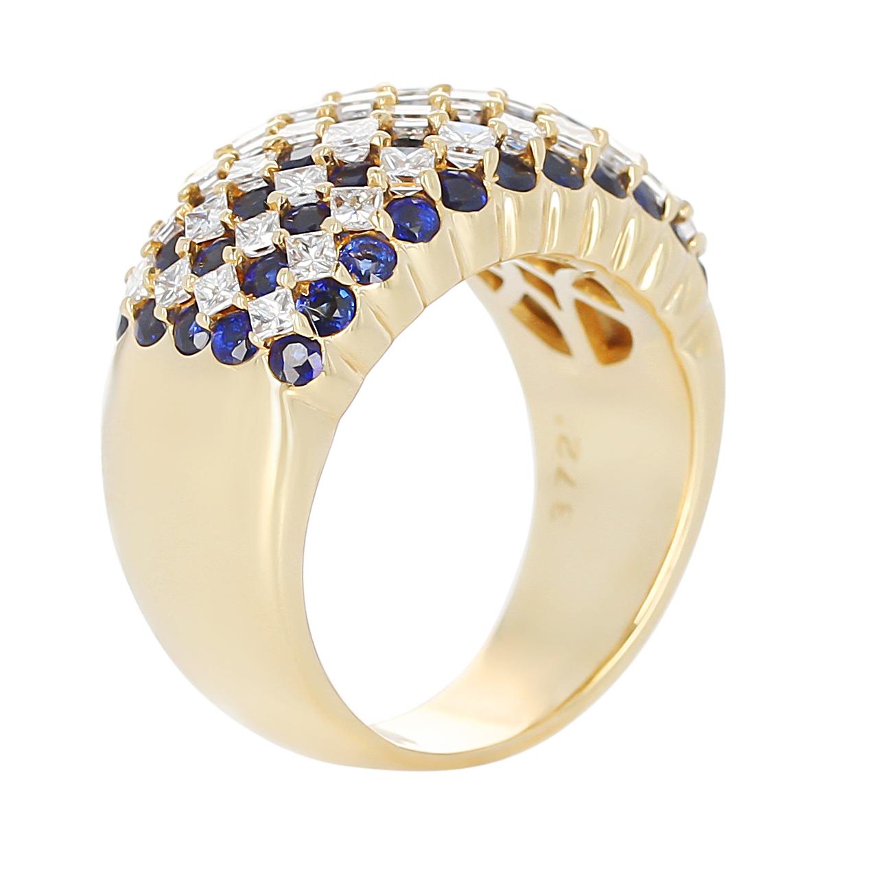 Nine-Row Sapphire and Diamond Cocktail Ring, 18 Karat Yellow Gold In Excellent Condition For Sale In New York, NY