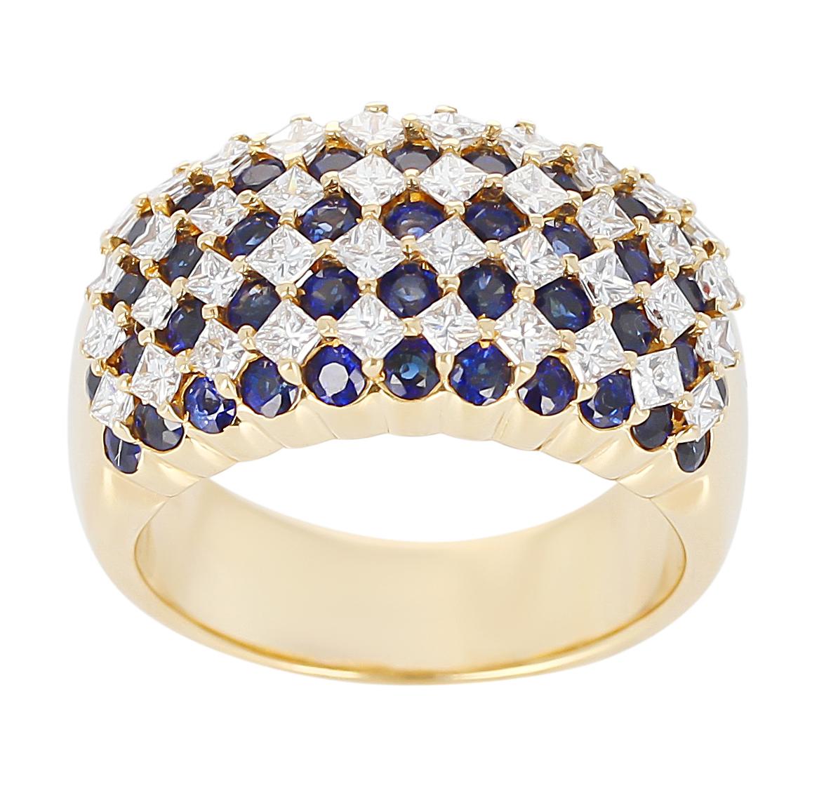 Nine-Row Sapphire and Diamond Cocktail Ring, 18 Karat Yellow Gold For Sale 1